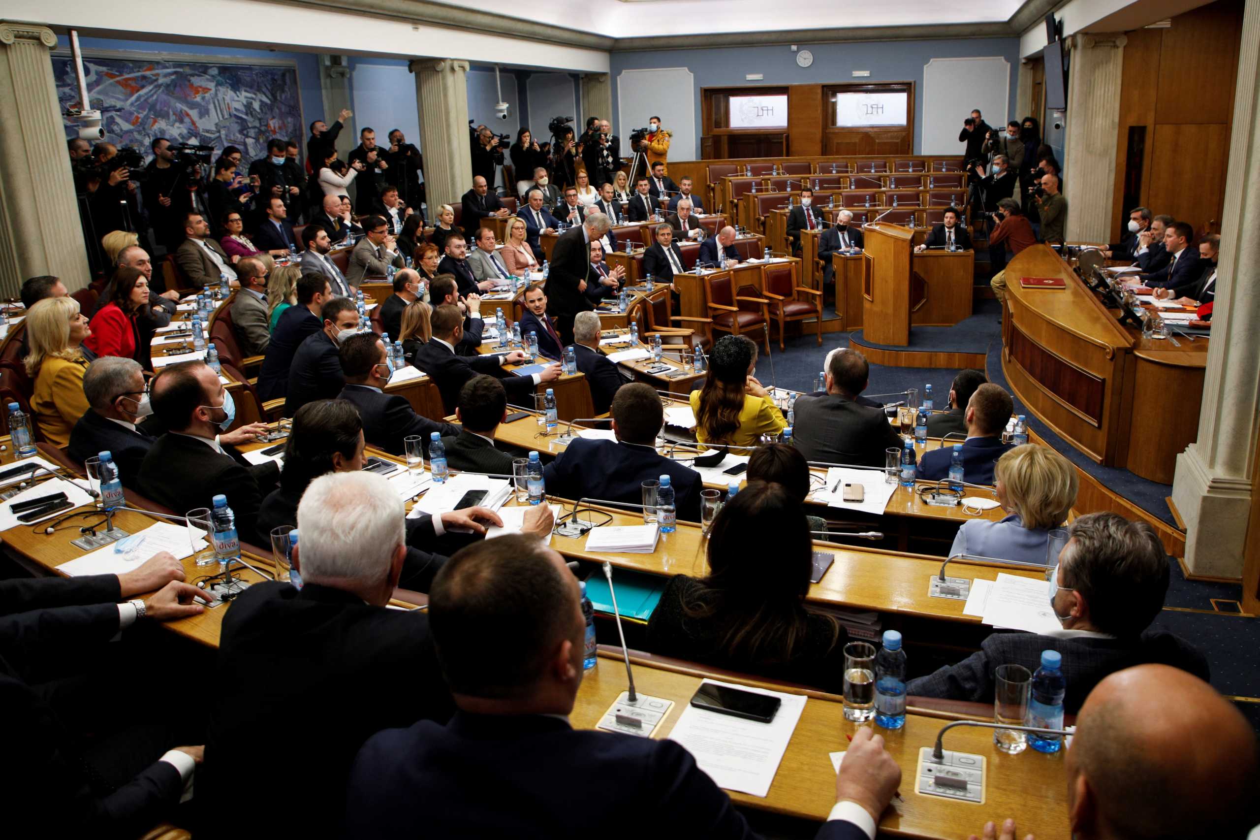 A general view of Montenegrin parliament during an extraordinary session ahead of a no-confidence vote for the cabinet of Prime Minister Zdravko Krivokapic, in Podgorica, Montenegro, February 4, 2022. REUTERS
