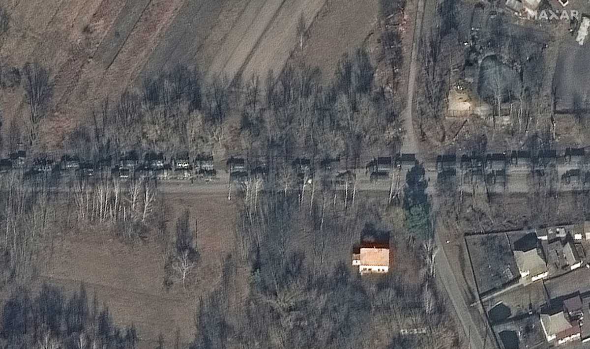 A satellite image shows Russian ground forces northeast of Ivankiv heading in the direction of Kyiv, Ukraine, February 27, 2022. Satellite image ©2022 Maxar Technologies