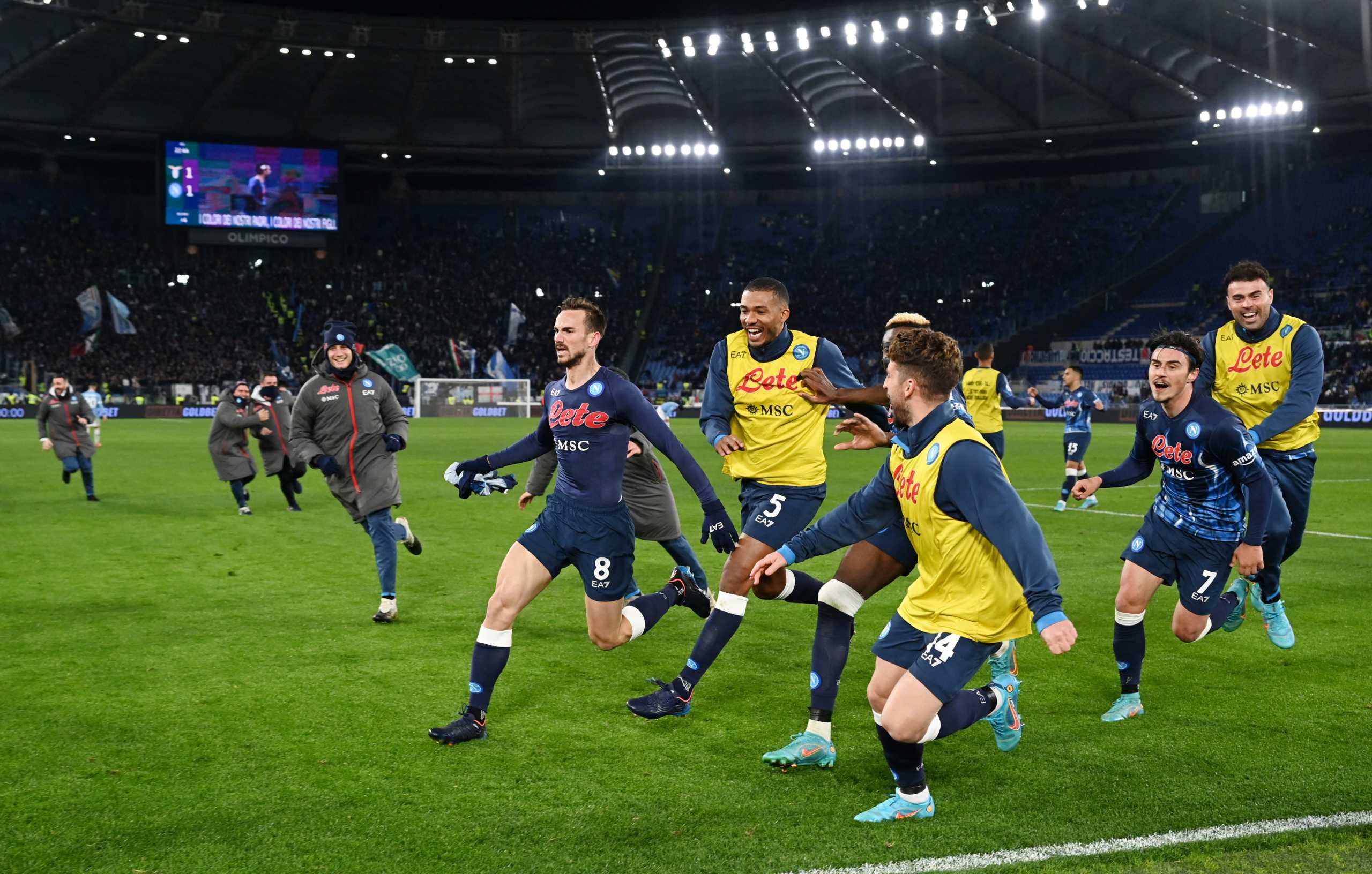 Soccer Football - Serie A - Lazio v Napoli - Stadio Olimpico, Rome, Italy - February 27, 2022 Napoli's Fabian Ruiz celebrates scoring their second goal with teammates REUTERS