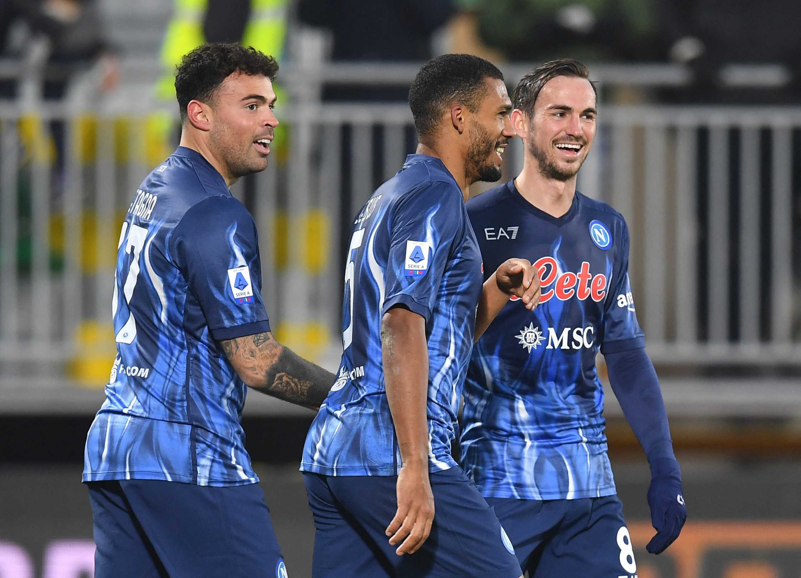 Soccer Football - Serie A - Venezia v Napoli - Stadio Pier Luigi Penzo, Venice, Italy - February 6, 2022 Napoli's Andrea Petagna celebrates scoring their second goal with teammates Juan Jesus and Fabian Ruiz REUTERS