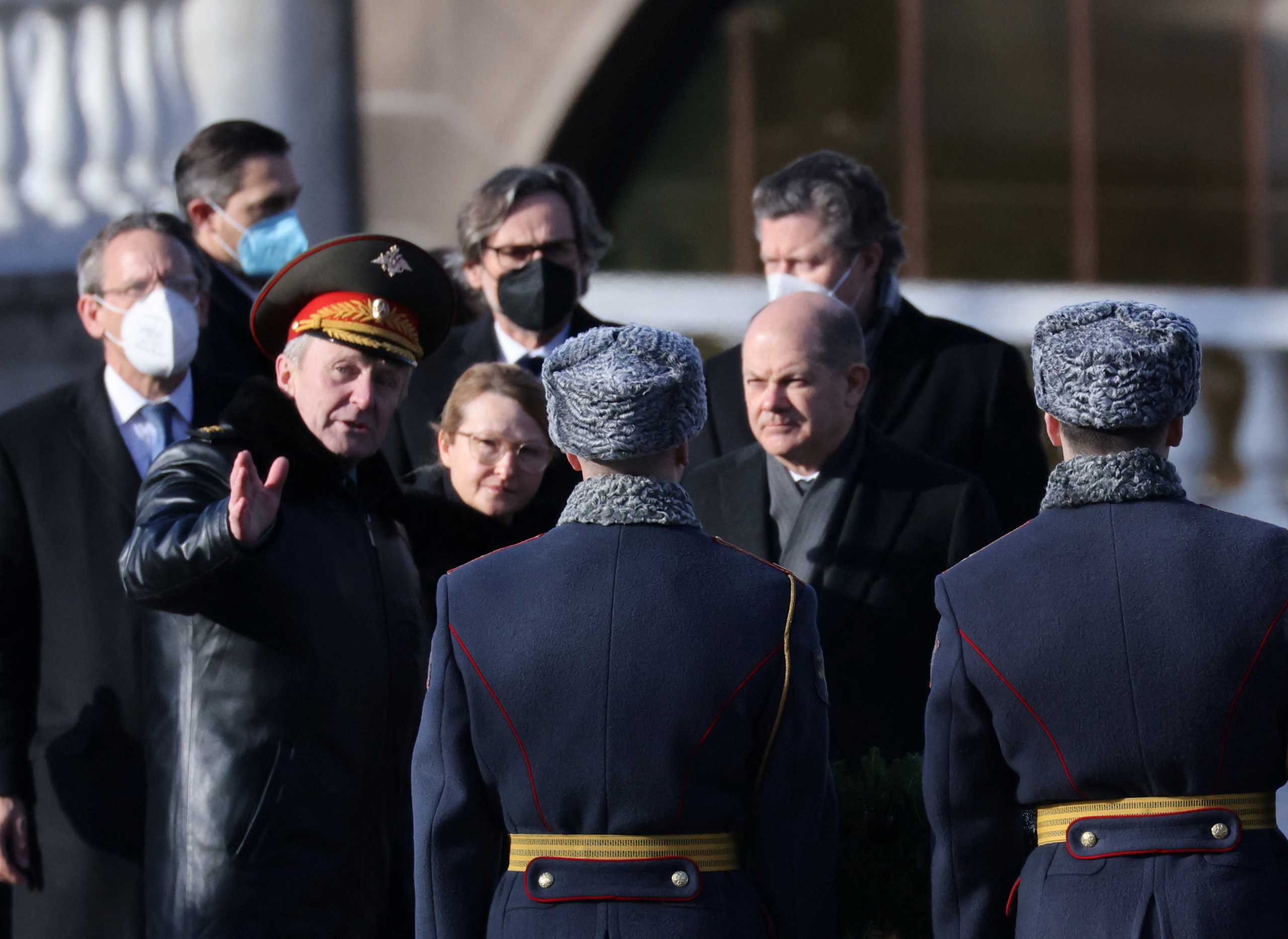 German Chancellor Olaf Scholz arrives to take part in a wreath-laying ceremony at the Tomb of the Unknown Soldier by the Kremlin Wall in Moscow, Russia February 15, 2022. REUTERS