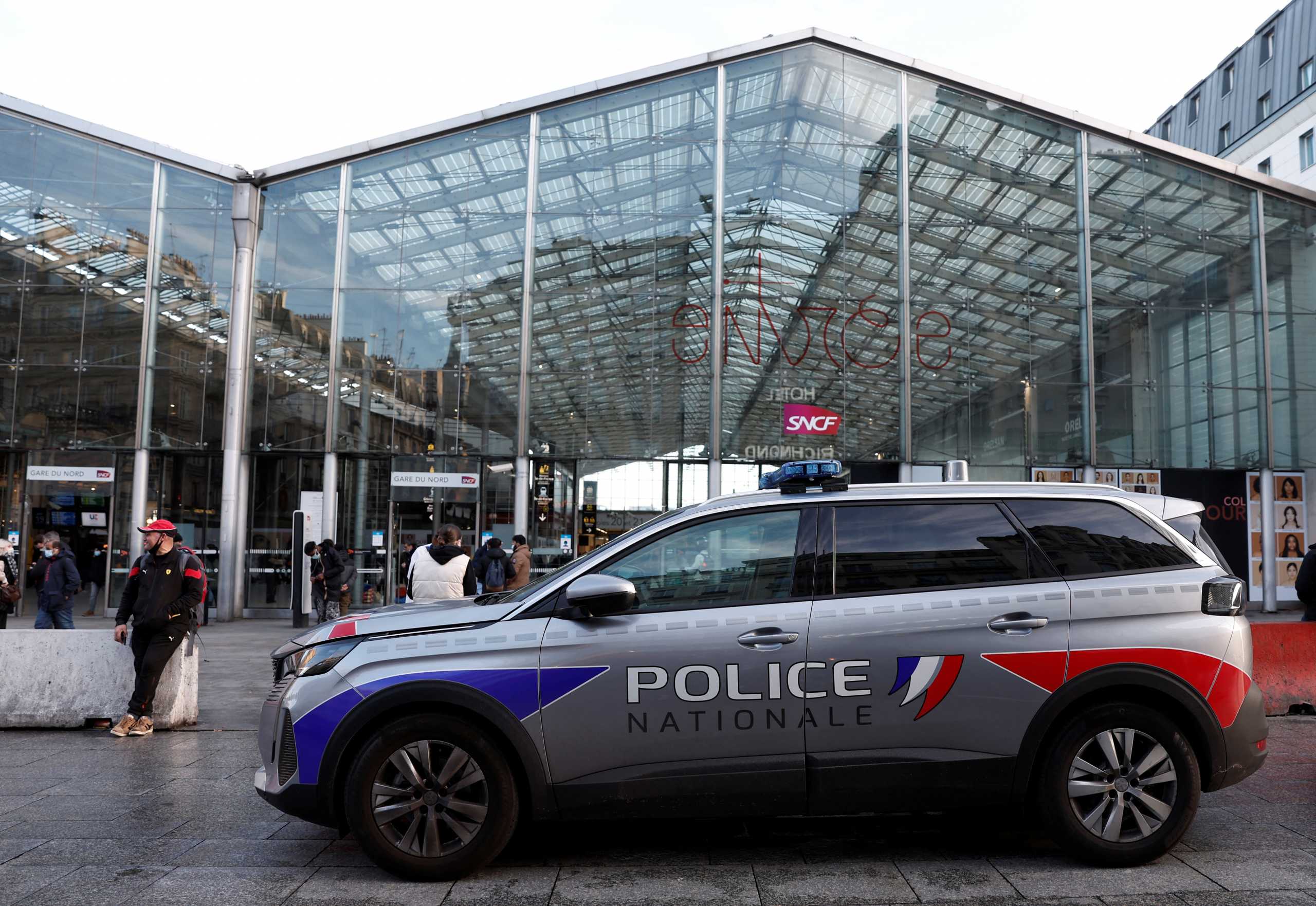 French police outside the Gare du Nord station after French police killed a person who attacked them with a knife inside the train station in Paris, France, February 14, 2022. REUTERS