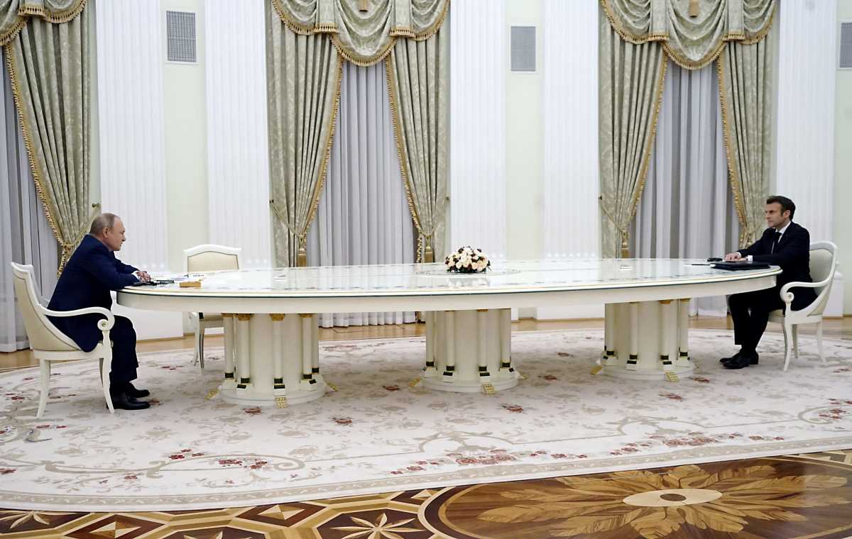 Russian President Vladimir Putin attends a meeting with French President Emmanuel Macron in Moscow, Russia February 7, 2022. Sputnik