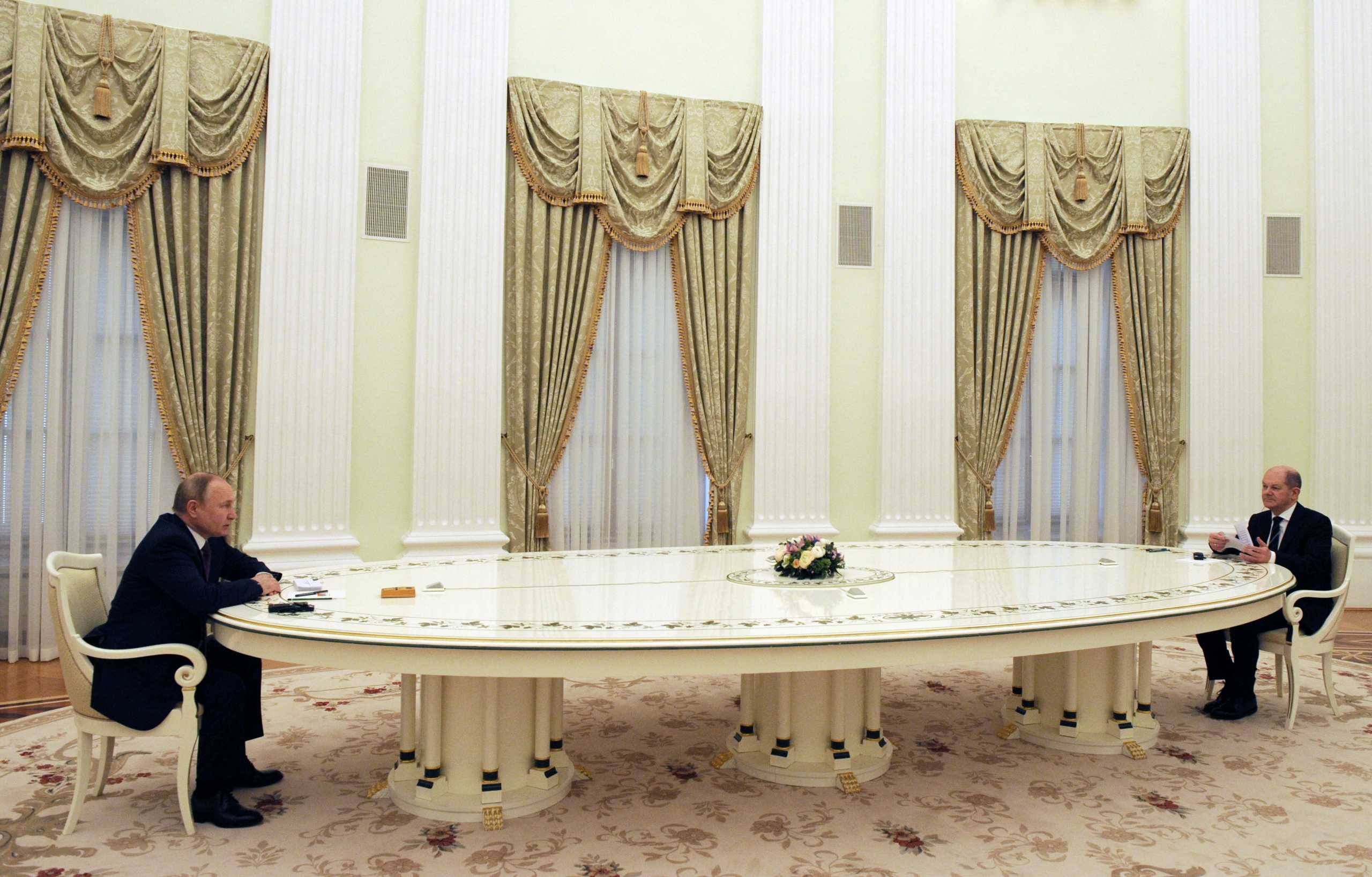 Russian President Vladimir Putin attends a meeting with German Chancellor Olaf Scholz in Moscow, Russia February 15, 2022. Sputnik
