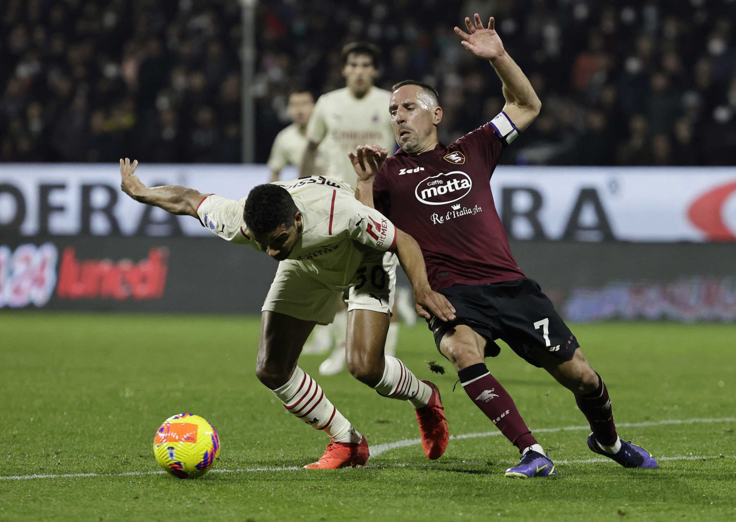 Soccer Football - Serie A - Salernitana v AC Milan - Stadio Arechi, Salerno, Italy - February 19, 2022  AC Milan's Junior Messias in action with Salernitana's Franck Ribery REUTERS