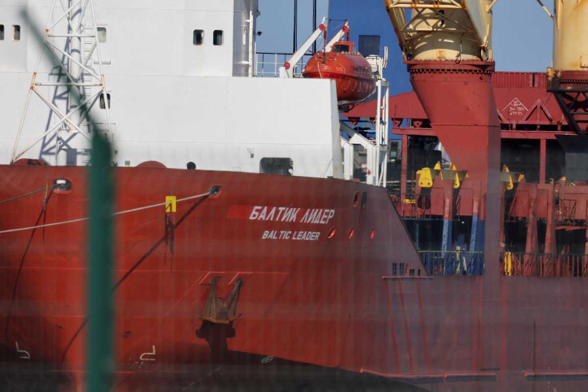 Russian cargo ship Baltic Leader is seen after it was diverted for allegedly violating EU-imposed sanctions on Moscow over the invasion of Ukraine, in the port of Boulogne-sur-Mer, France, February 26, 2022. REUTERS