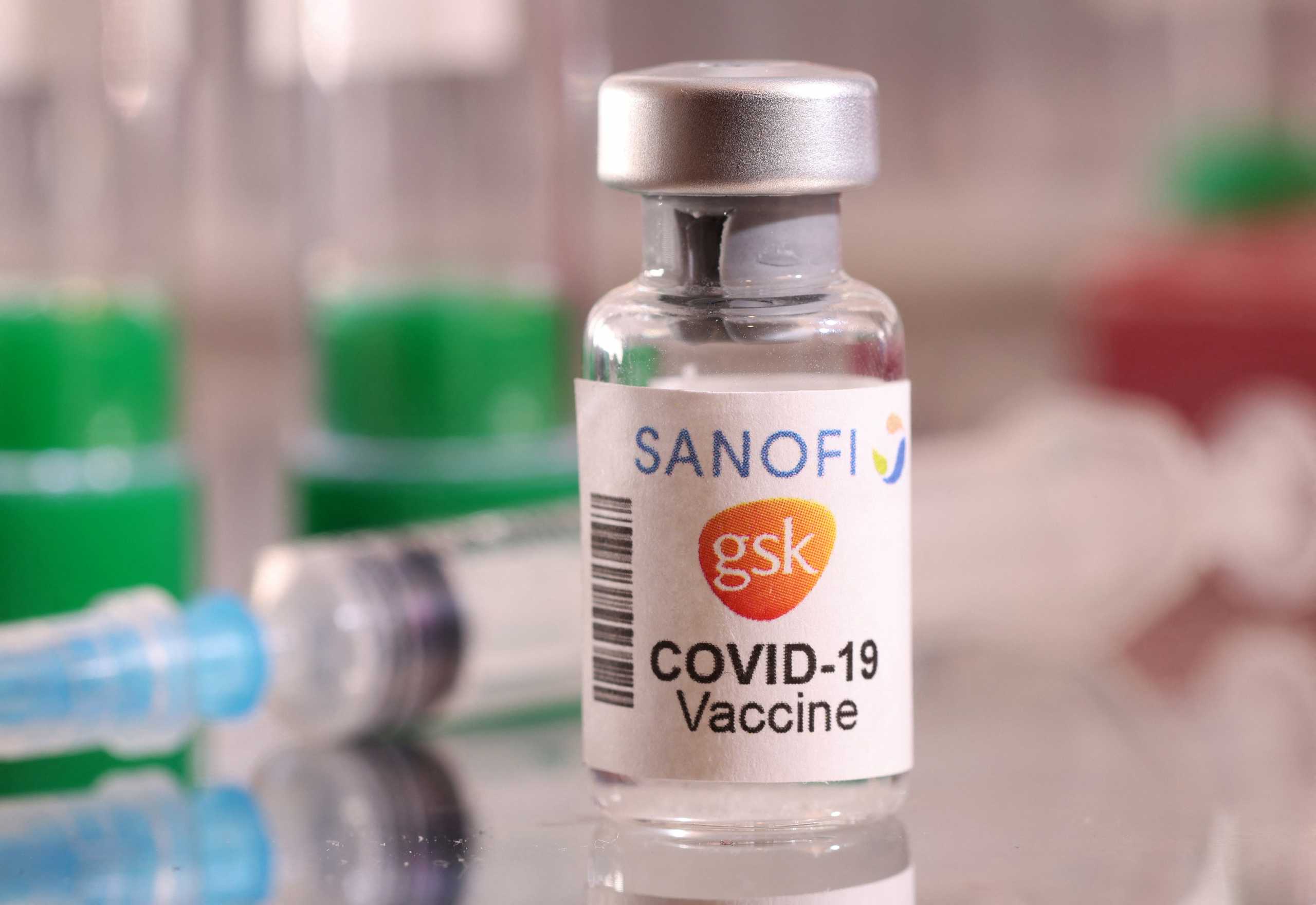 A vial labelled "Sanofi and GSK COVID-19 Vaccine" is seen in this illustration taken January 16, 2022. REUTERS