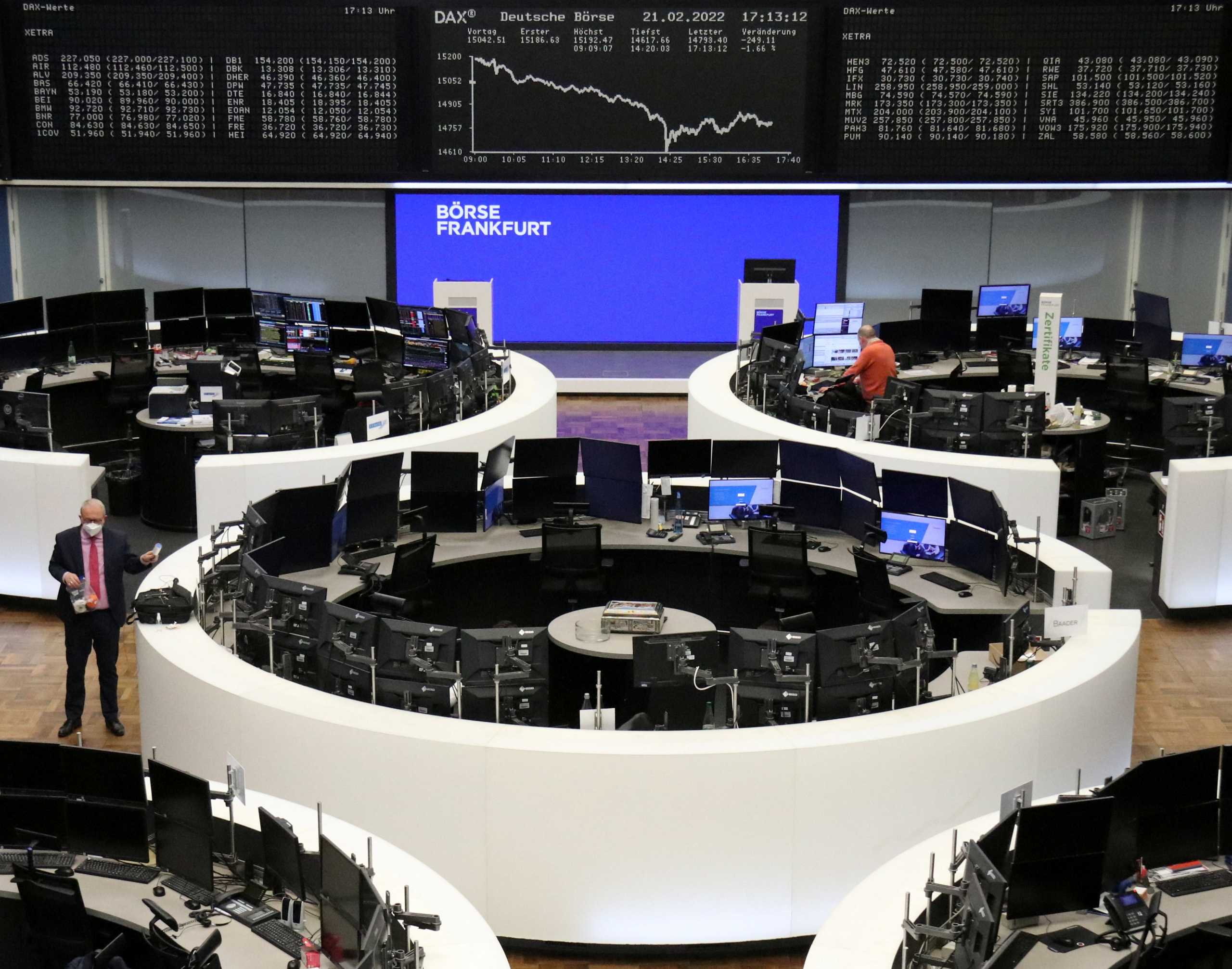 The German share price index DAX graph is pictured at the stock exchange in Frankfurt, Germany, February 21, 2022.    REUTERS