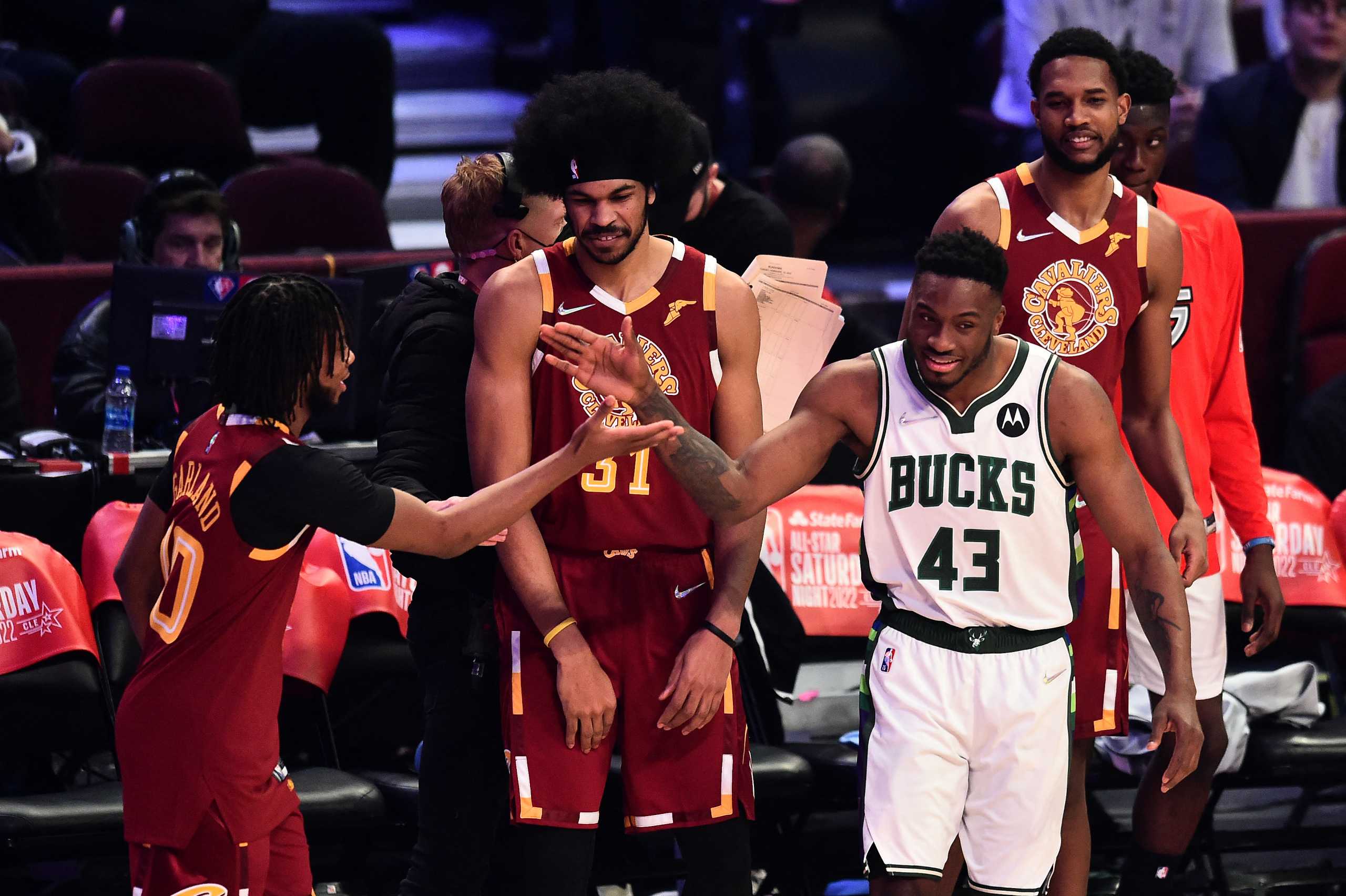 Feb 19, 2022; Cleveland, OH, USA; Team Antetokounmpo player Thanasis Antetokounmpo (43) and Team Cavs player Darius Garland (10) react during the Taco Bell Skills Challenge against Team Rooks during the 2022 NBA All-Star Saturday Night at Rocket Mortgage Field House. Mandatory Credit: Ken Blaze-USA TODAY Sports