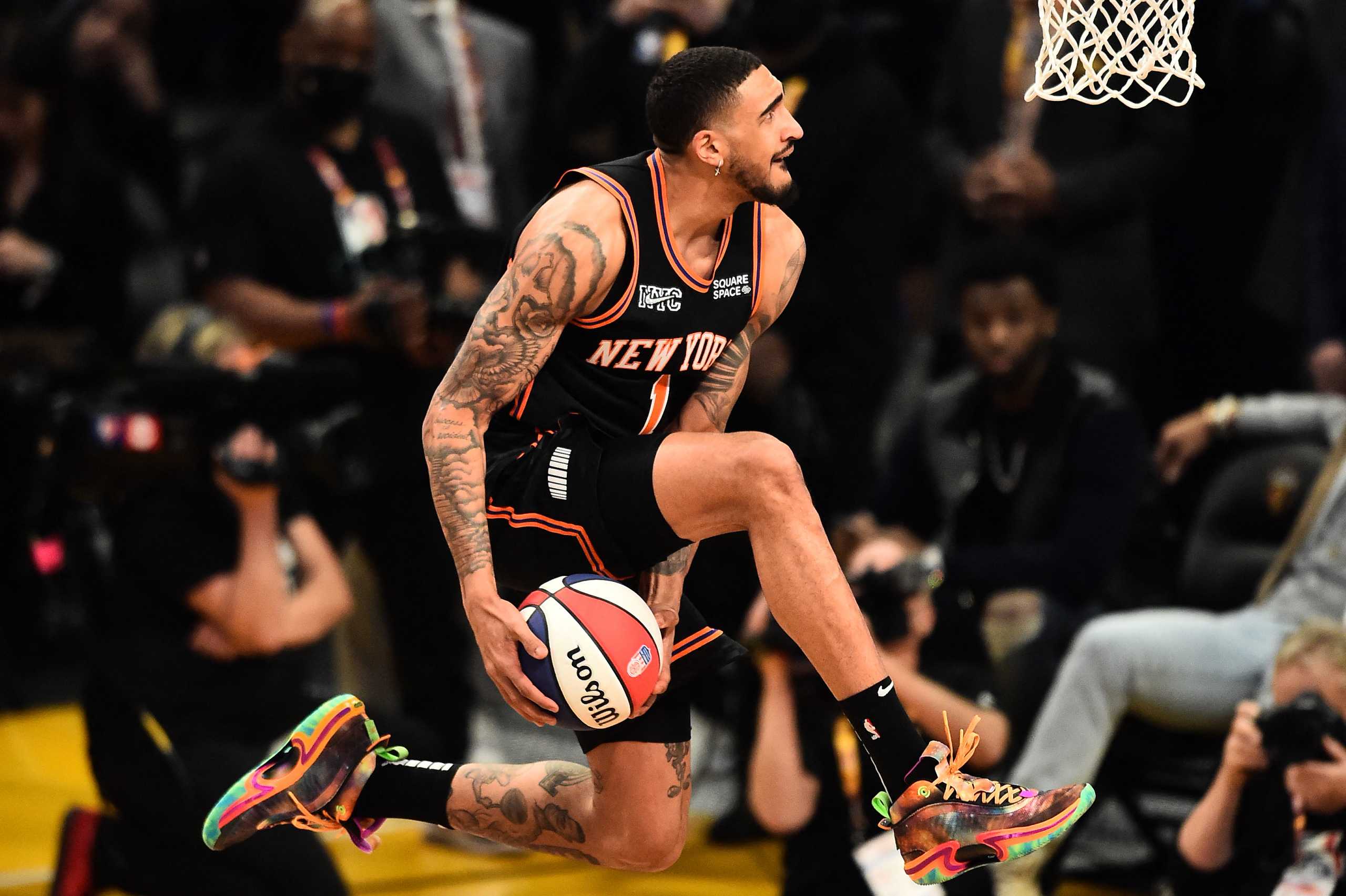 Feb 19, 2022; Cleveland, OH, USA; New York Knicks forward Obi Toppin (1) competes in the AT&T slam dunk contest during the 2022 NBA All-Star Saturday Night at Rocket Mortgage Field House. Mandatory Credit: Ken Blaze-USA TODAY Sports