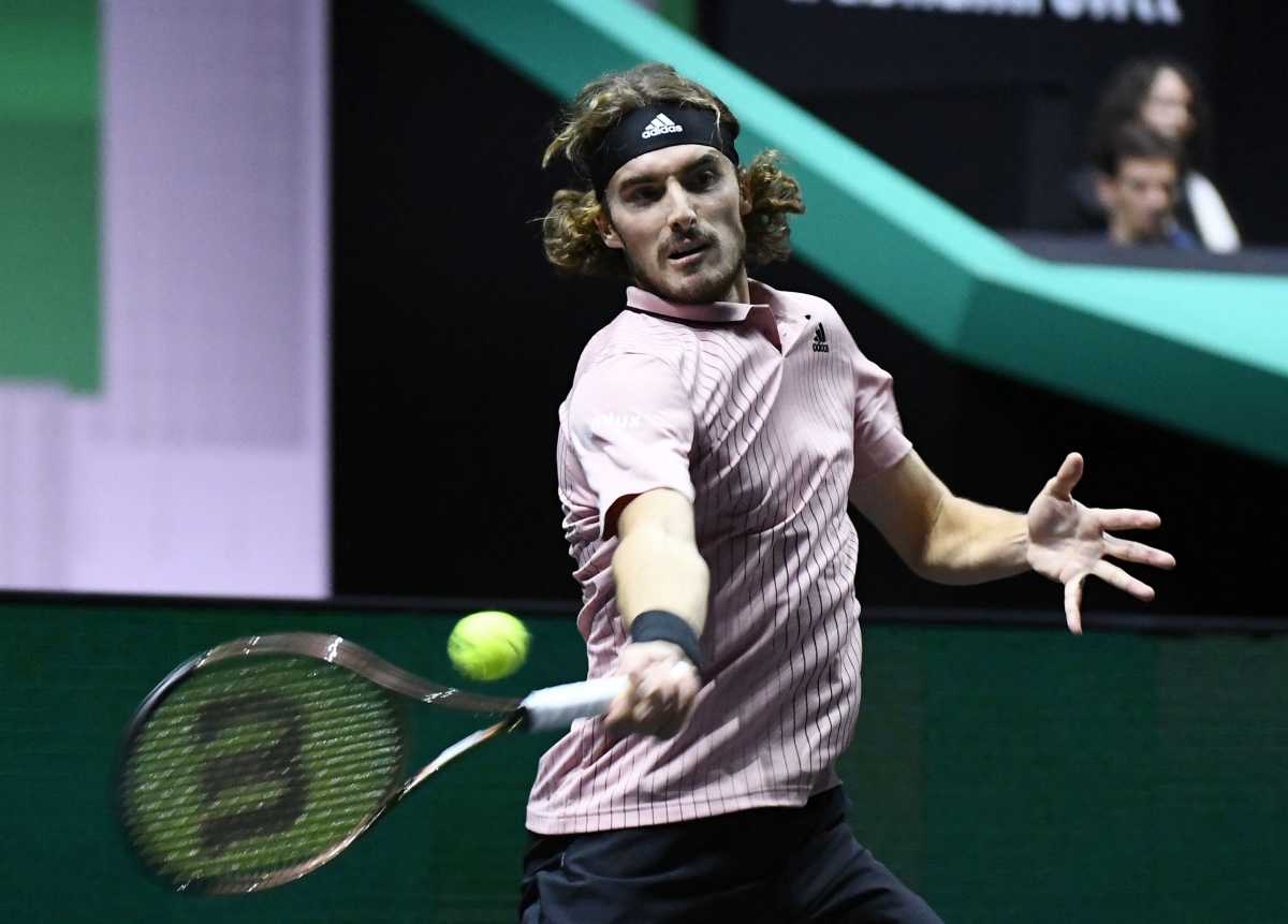 Tennis - ATP 500 - Rotterdam Open - Rotterdam Ahoy, Rotterdam, Netherlands - February 13, 2022 Greece's Stefanos Tsitsipas in action during the final against Canada's Felix Auger-Aliassime REUTERS