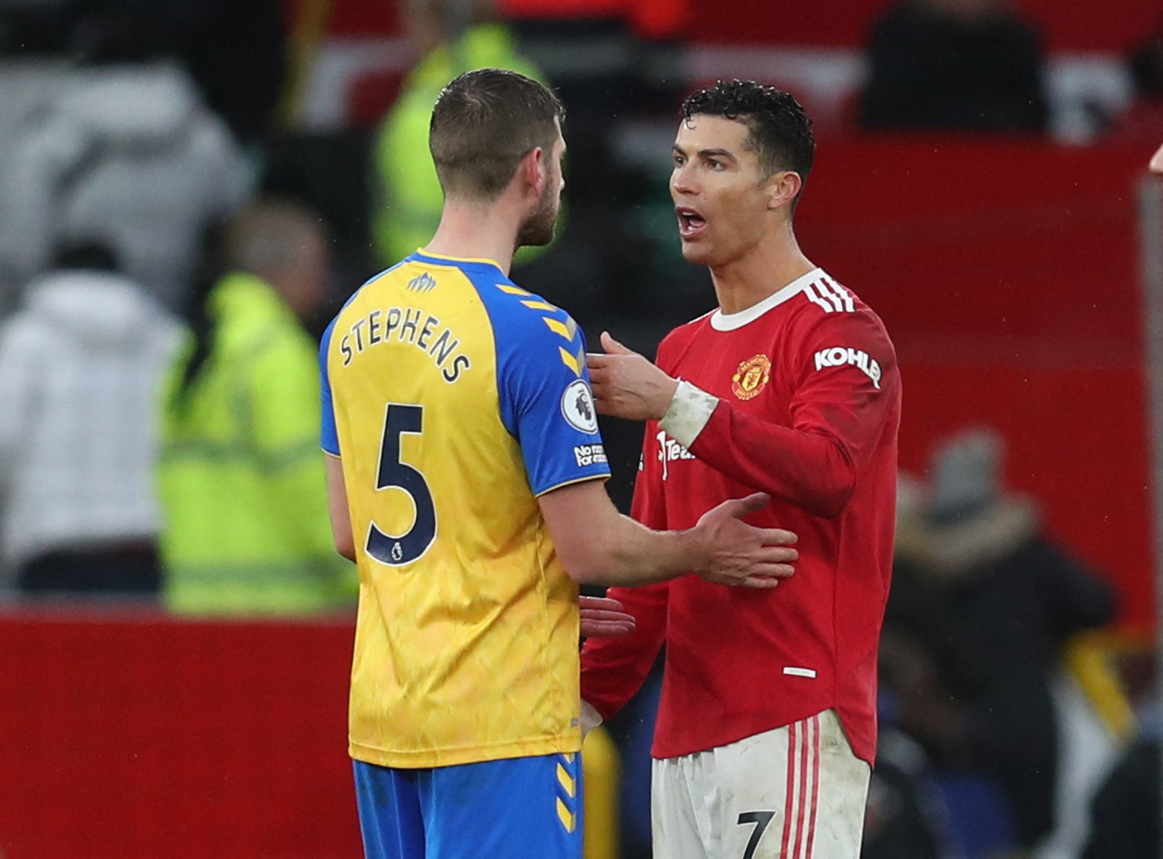 Soccer Football - Premier League - Manchester United v Southampton - Old Trafford, Manchester, Britain - February 12, 2022 Manchester United's Cristiano Ronaldo and Southampton's Jack Stephens after the match REUTERS