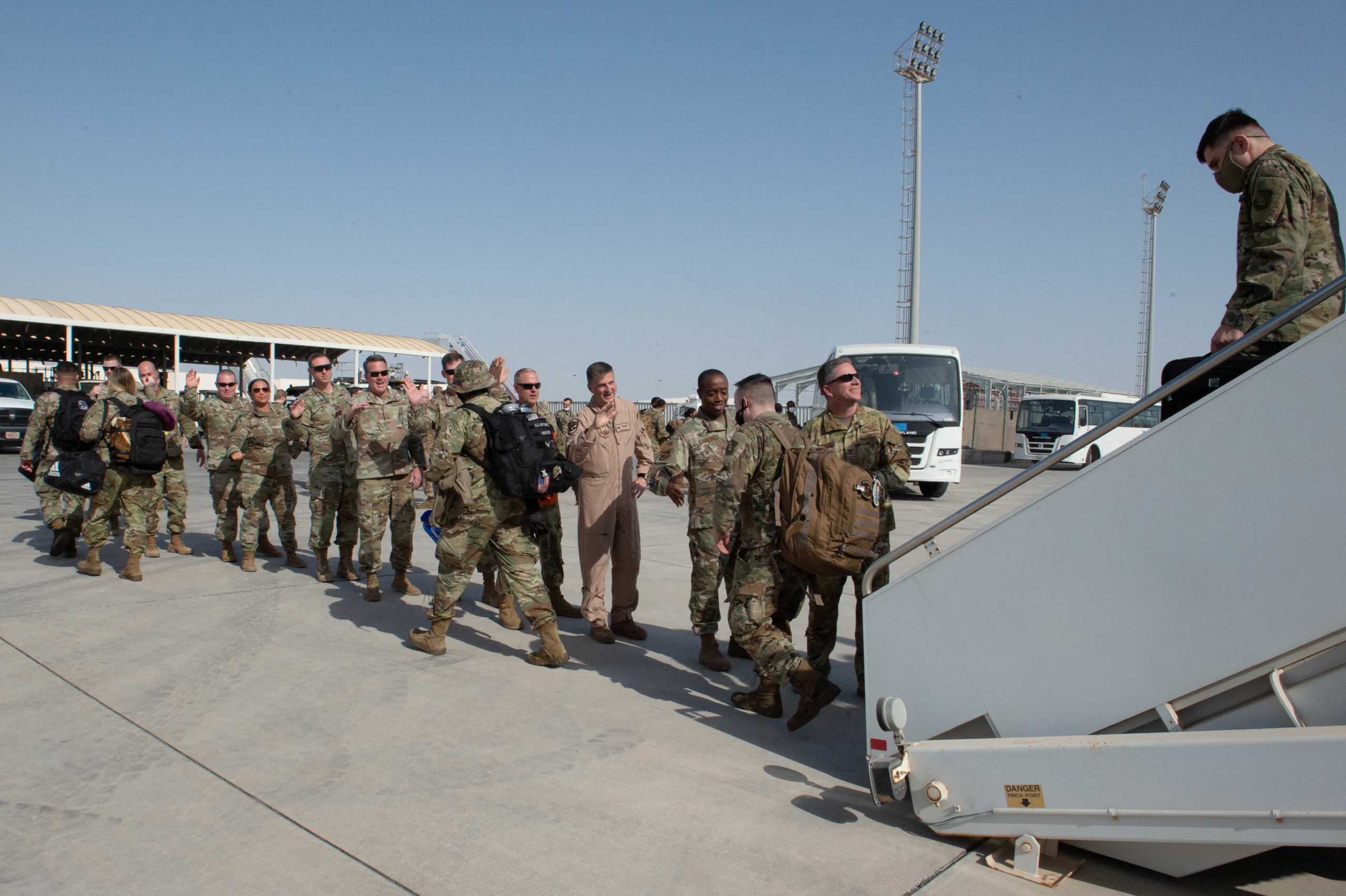 Airmen of the U.S. Air Force arrive at Al Dhafra Air Base, Abu Dhabi, United Arab Emirates, in this photo taken on February 12, 2022 and released by the U.S. Air Force on February 12, 2022. U.S. Air Force Central Command