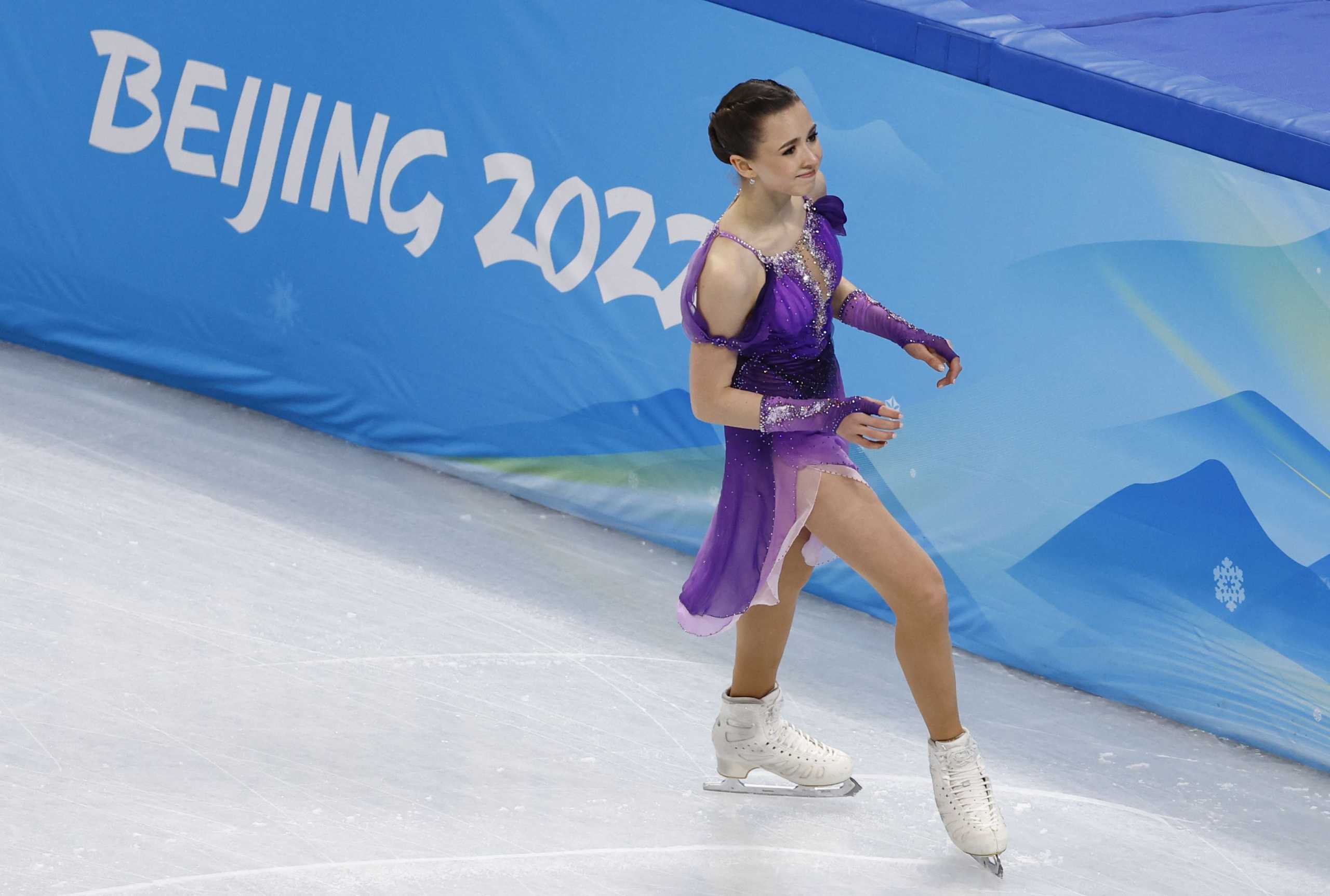 2022 Beijing Olympics - Figure Skating - Team Event - Women Single Skating - Short Program - Capital Indoor Stadium, Beijing, China - February 6, 2022. Kamila Valieva of the Russian Olympic Committee reacts after competing. REUTERS