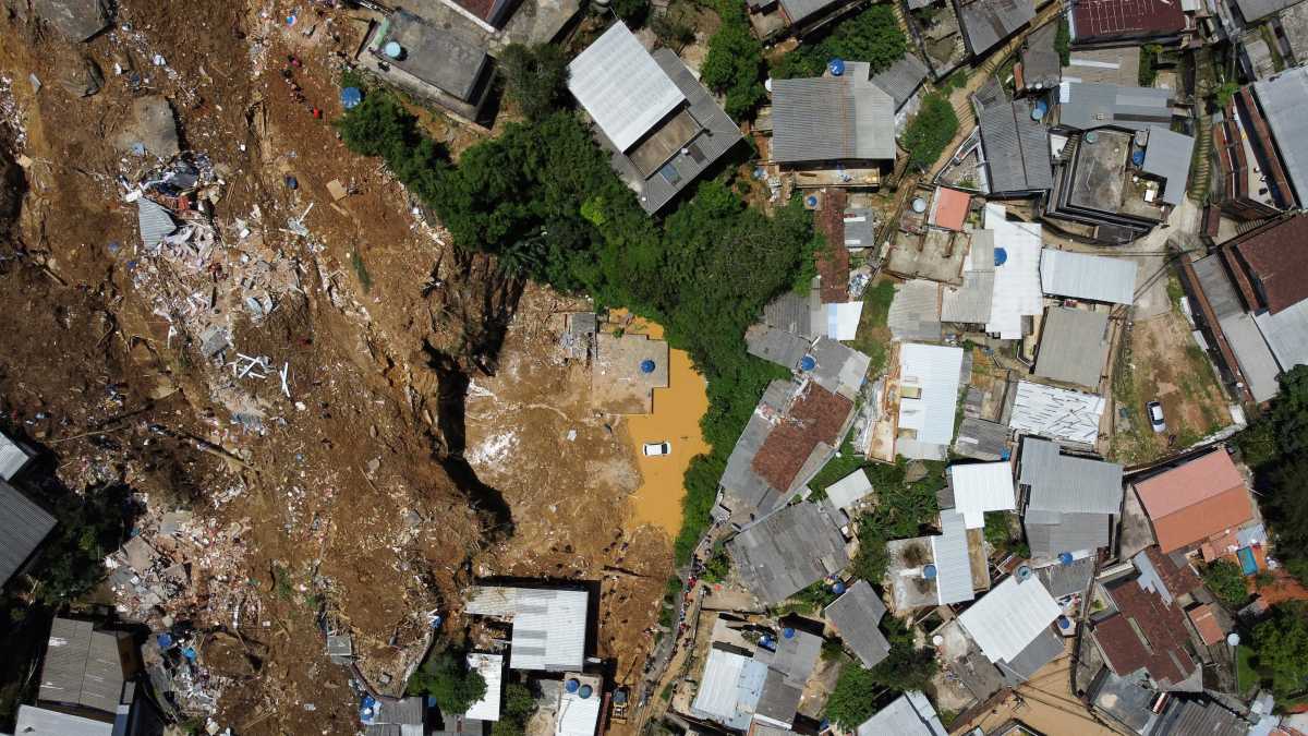 An aerial view of a mudslide site at Morro da Oficina after pouring rains in Petropolis, Brazil February 17, 2022 in this picture taken with a drone. REUTERS