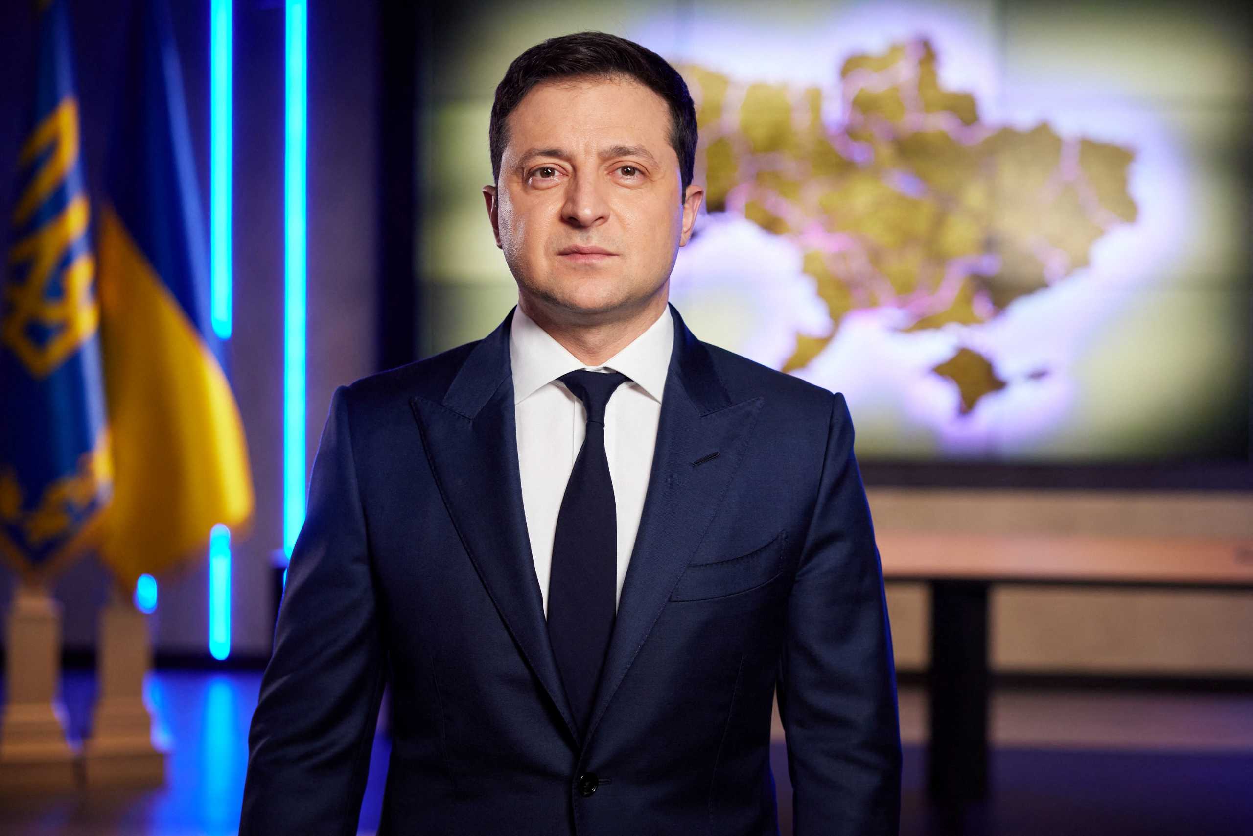 Ukrainian President Volodymyr Zelenskiy addresses the nation after a meeting of the Security and Defense Council after Russia's decision to formally recognize two Moscow-backed regions of eastern Ukraine as independent, in Kyiv, Ukraine, February 22, 2022. Ukrainian Presidential Press Service