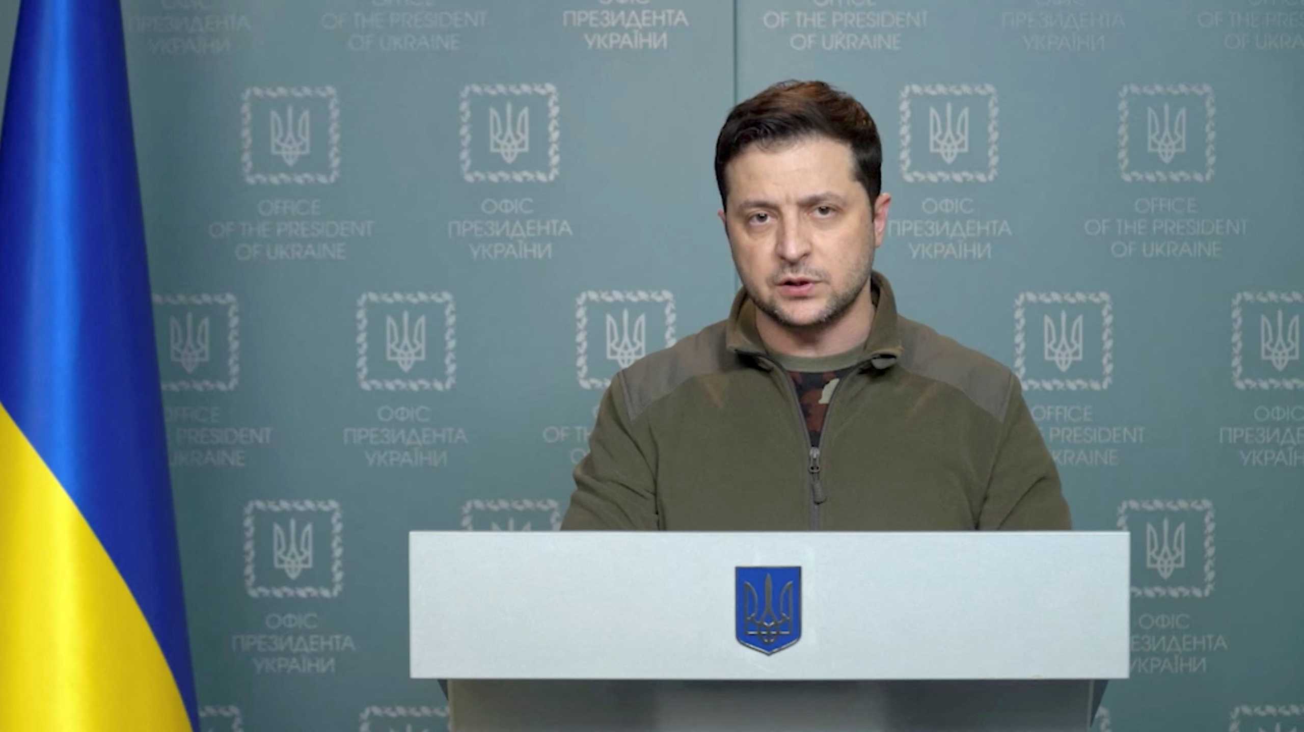 Ukrainian President Volodymyr Zelenskiy makes a statement in Kyiv, in Ukraine, February 28, 2022, in this still image taken from a handout video. Ukrainian Presidential Press Service