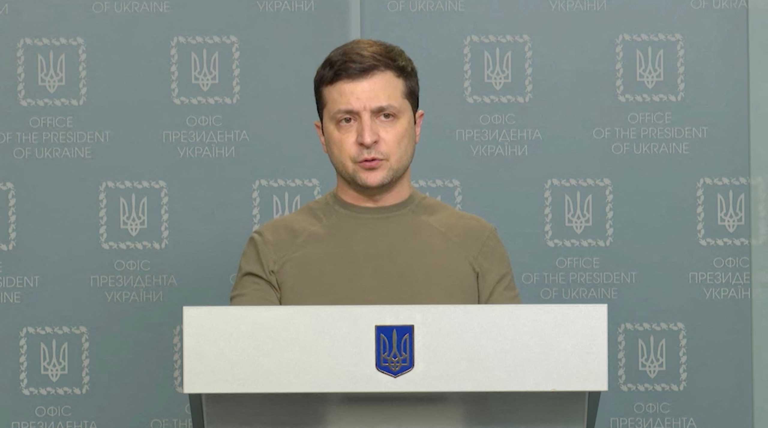 FILE PHOTO: Ukrainian President Volodymyr Zelenskiy speaks at a news briefing in Kyiv , Ukraine, February 24, 2022. Ukrainian Presidential Press Service