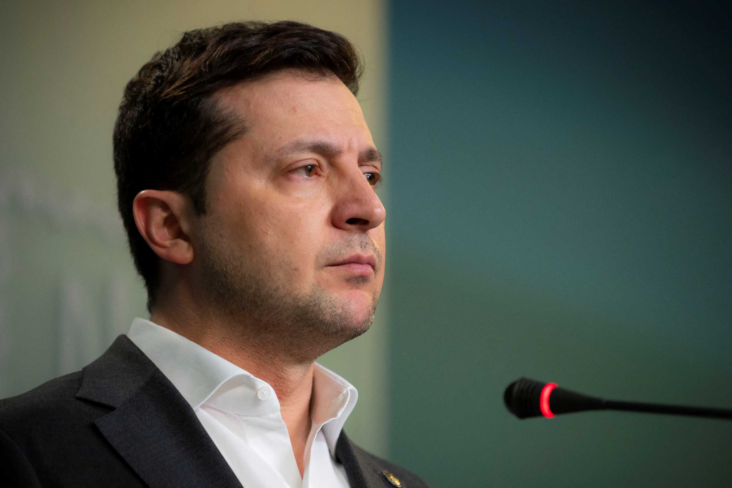 Ukrainian President Volodymyr Zelenskiy attends a news briefing in Kyiv, Ukraine, February 24, 2022. Ukrainian Presidential Press Service