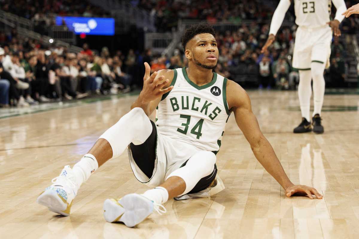 Mar 22, 2022; Milwaukee, Wisconsin, USA;  Milwaukee Bucks forward Giannis Antetokounmpo (34) looks for a call during the third quarter against the Chicago Bulls at Fiserv Forum. Mandatory Credit: Jeff Hanisch-USA TODAY Sports