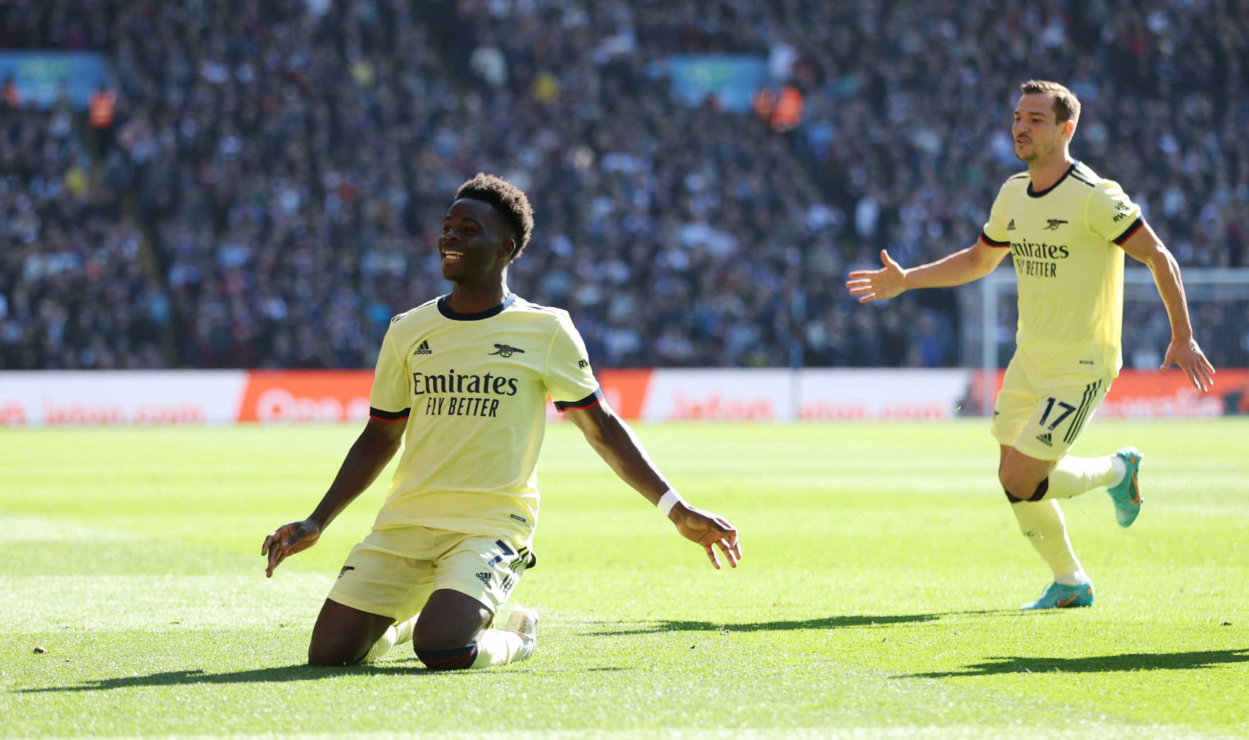 Soccer Football - Premier League - Aston Villa v Arsenal - Villa Park, Birmingham, Britain - March 19, 2022 Arsenal's Bukayo Saka celebrates scoring their first goal Action Images via Reuters