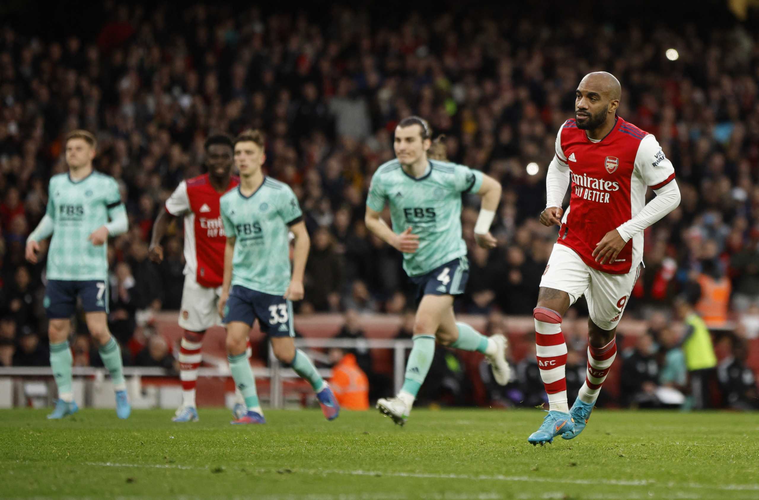 Soccer Football - Premier League - Arsenal v Leicester City - Emirates Stadium, London, Britain - March 13, 2022 Arsenal's Alexandre Lacazette celebrates scoring their second goal Action Images via Reuters