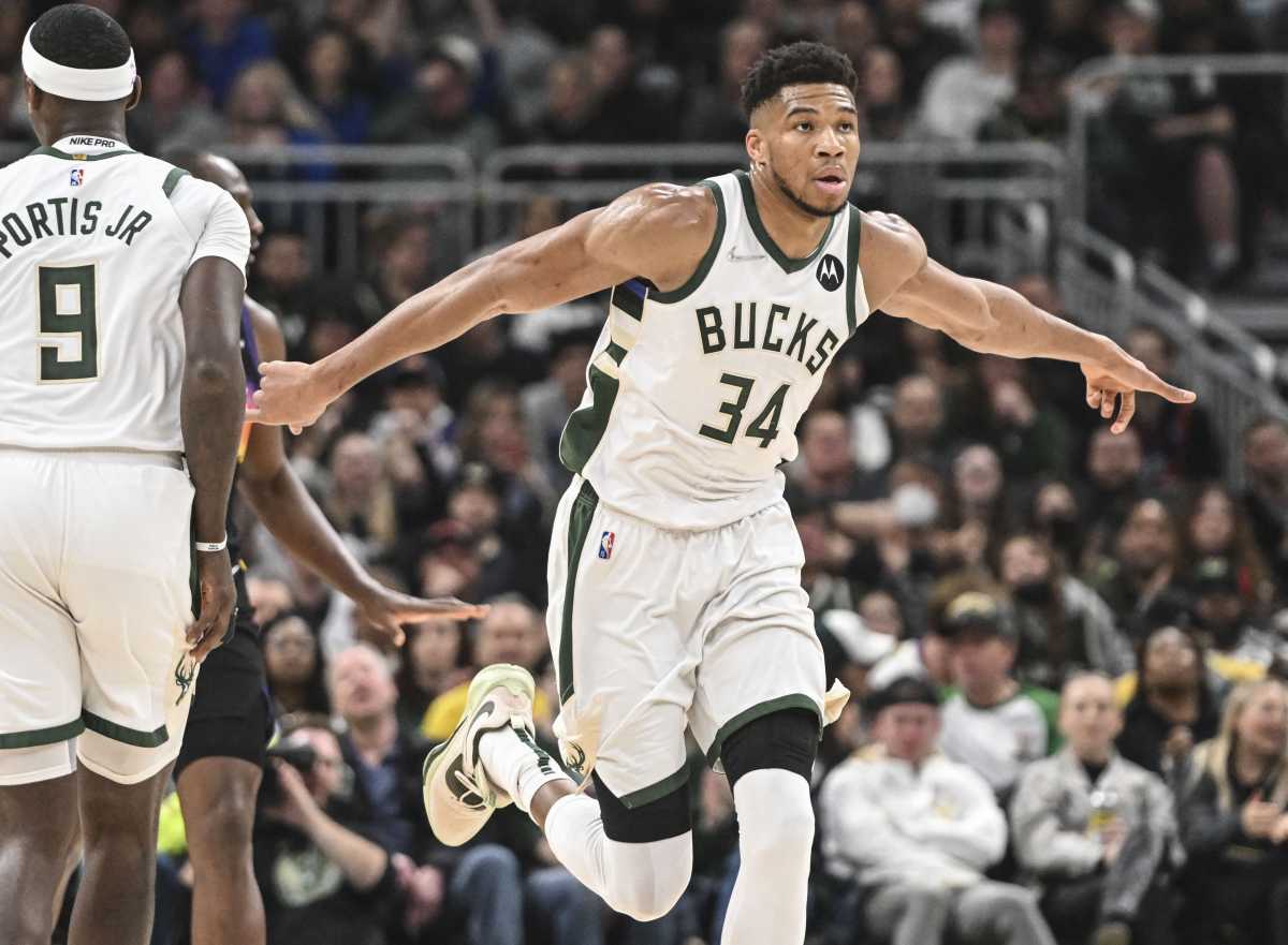 Mar 6, 2022; Milwaukee, Wisconsin, USA;  Milwaukee Bucks forward Giannis Antetokounmpo (34) reacts in the second quarter after scoring a basket against the Phoenix Suns at Fiserv Forum. Mandatory Credit: Benny Sieu-USA TODAY Sports