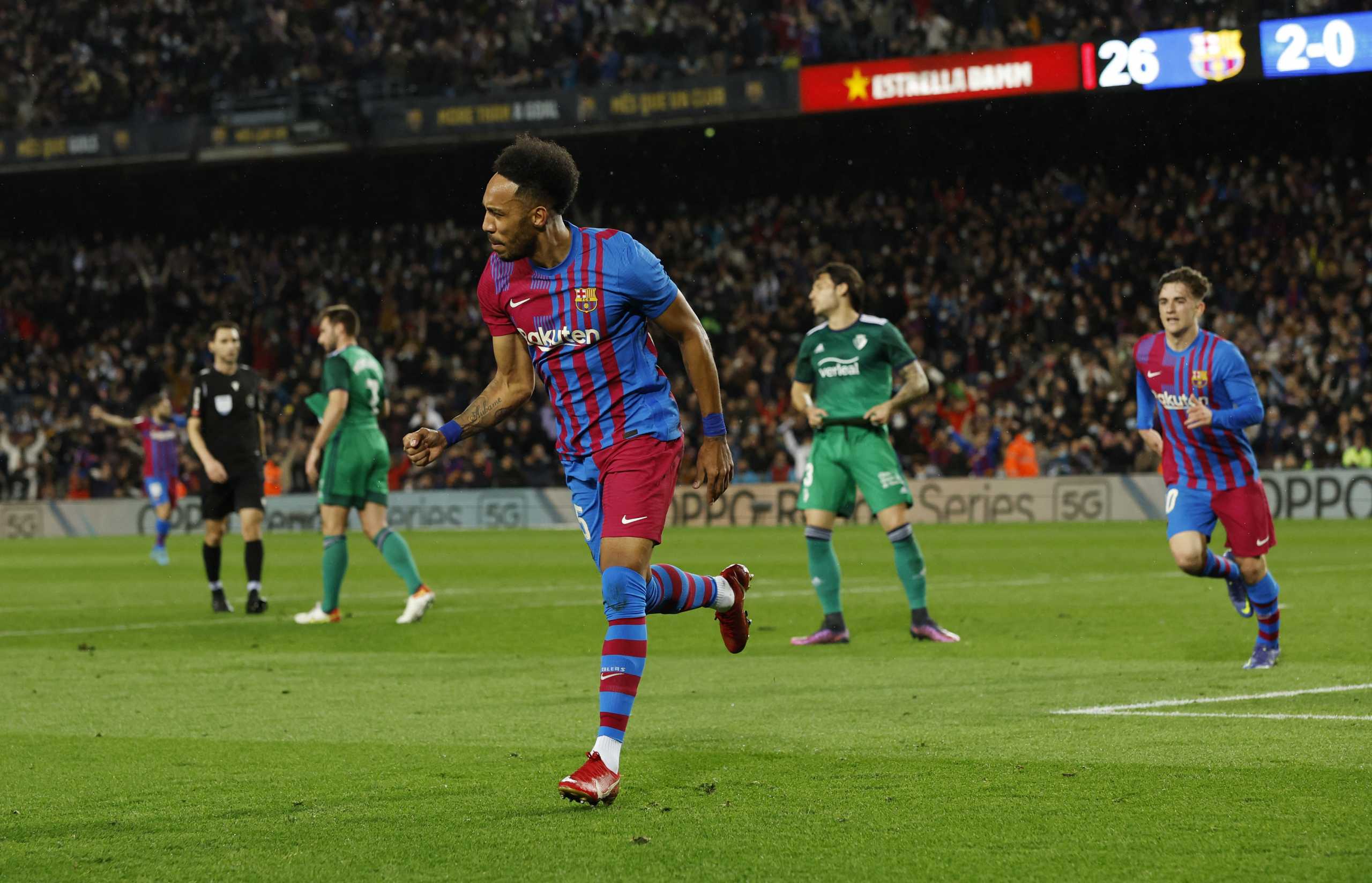 Soccer Football - LaLiga - FC Barcelona v Osasuna - Camp Nou, Barcelona, Spain - March 13, 2022 FC Barcelona's Pierre-Emerick Aubameyang celebrates scoring their third goal REUTERS