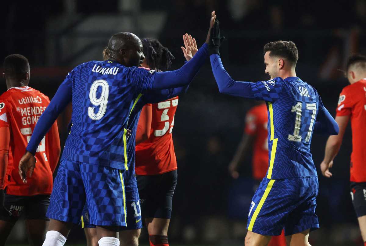 Soccer Football - FA Cup Fifth Round - Luton Town v Chelsea - Kenilworth Road, Luton, Britain - March 2, 2022 Chelsea's Saul Niguez celebrates scoring their first goal with Romelu Lukaku REUTERS