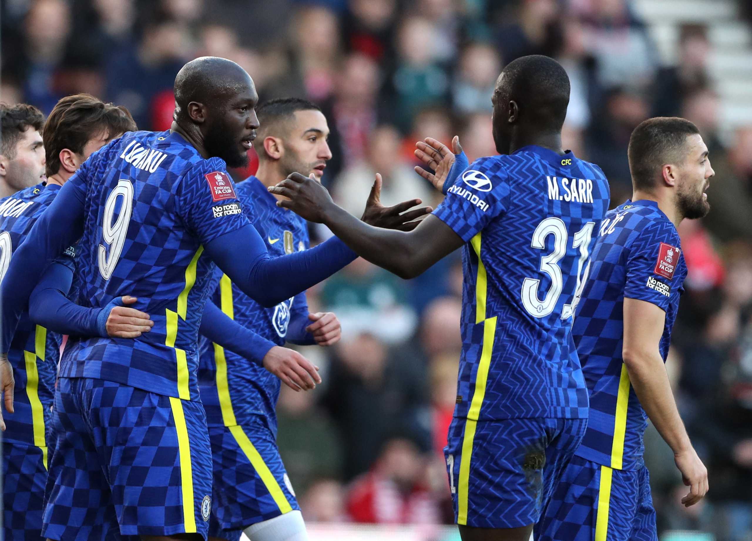 Soccer Football - FA Cup Quarter Final - Middlesbrough v Chelsea - Riverside Stadium, Middlesbrough, Britain - March 19, 2022 Chelsea's Romelu Lukaku celebrates scoring their first goal with Malang Sarr and teammates REUTERS