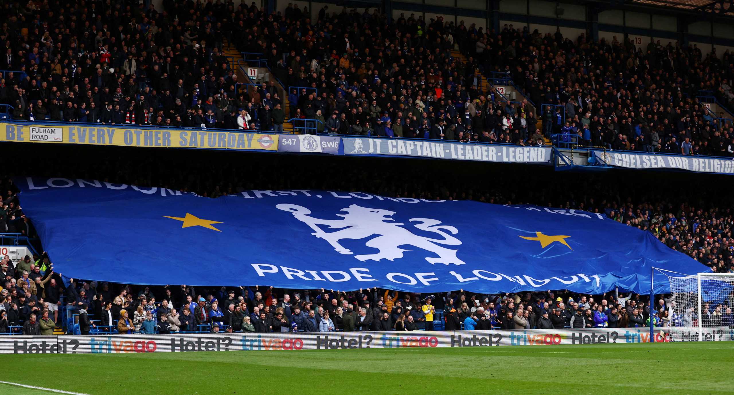 FILE PHOTO: Soccer Football - Premier League - Chelsea v Newcastle United - Stamford Bridge, London, Britain - March 13, 2022 General view of a Chelsea banner inside the stadium before the match REUTERS