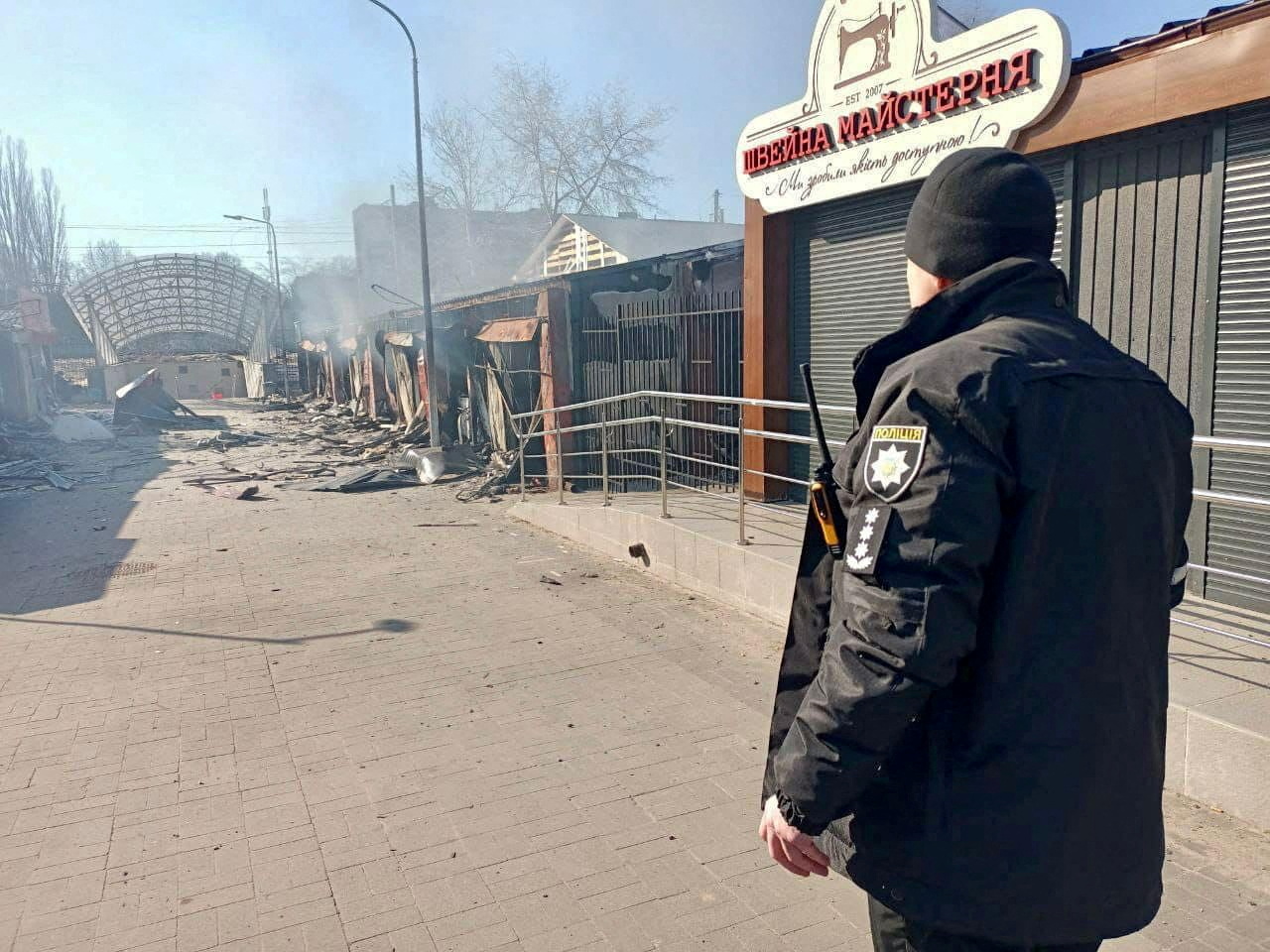 FILE PHOTO: A view shows market buildings damaged by shelling, as Russia's attack on Ukraine continues, in Chernihiv, Ukraine, in this handout picture released March 20, 2022.  Press service of the National Police of Ukraine