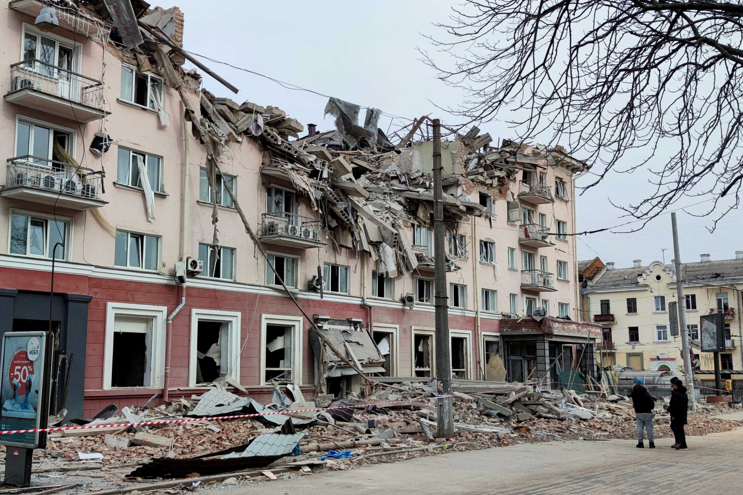 An external view shows hotel ‘Ukraine’ destroyed during an air strike, as Russia's attack on Ukraine continues, in central Chernihiv, Ukraine March 12, 2022. REUTERS