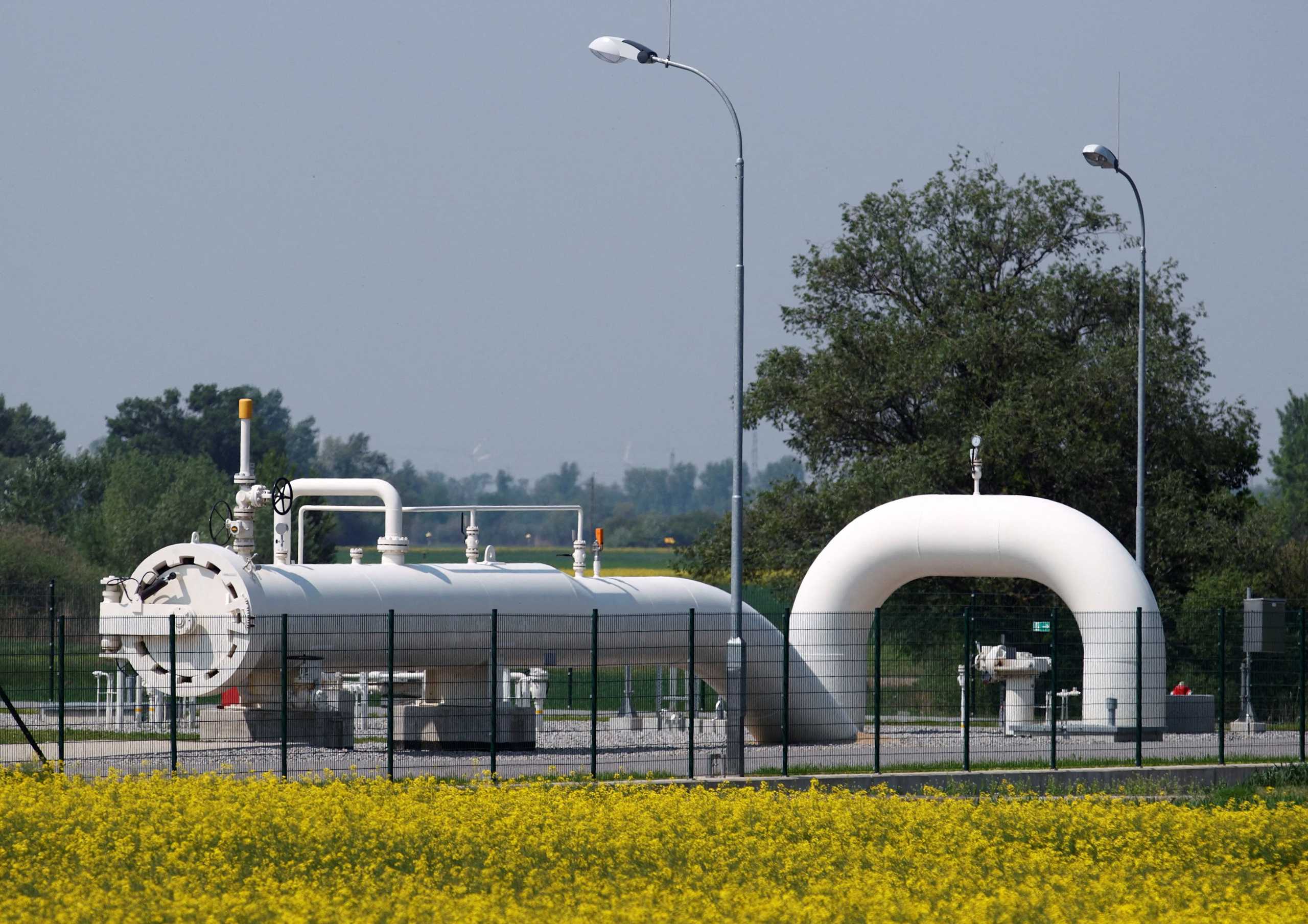FILE PHOTO: Gas pipes are pictured behind a field of rapeseed at Austria's largest natural gas import and distribution station in Baumgarten May 2, 2014.   Picture taken May 2, 2014. REUTERS