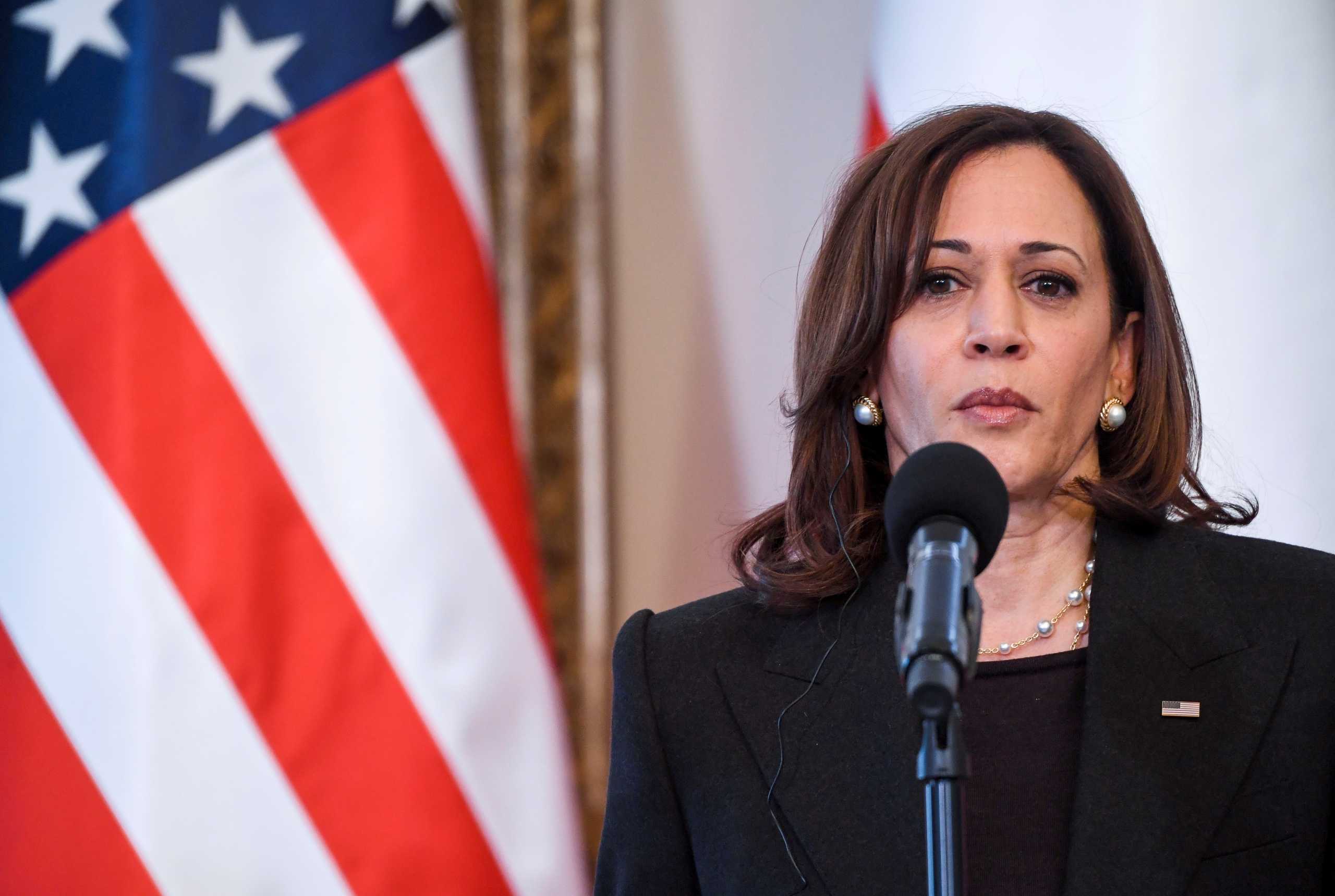 U.S. Vice President Kamala Harris attends a news conference with Polish President Andrzej Duda (not pictured) at Belwelder Palace, amid Russia's invasion of Ukraine, in Warsaw, Poland March 10, 2022.  Saul Loeb