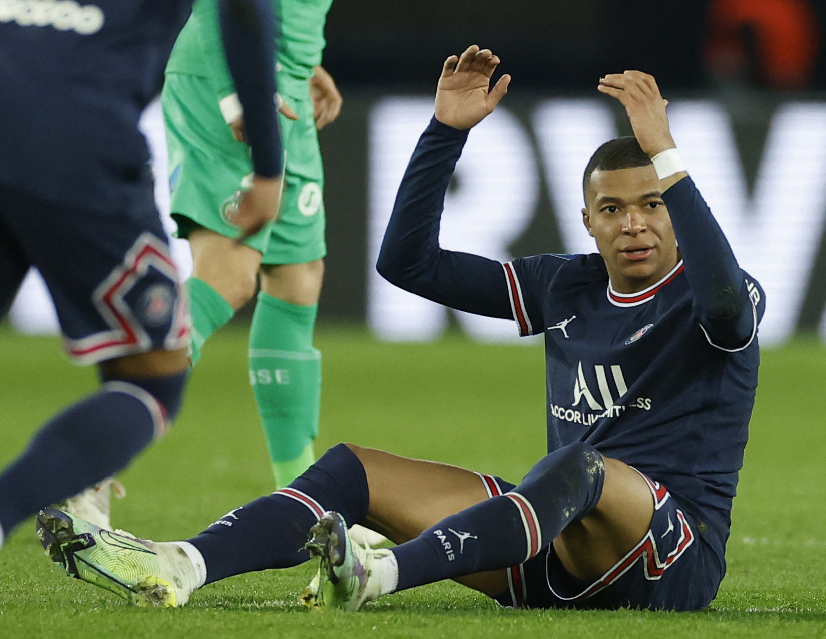 Soccer Football - Ligue 1 - Paris St Germain v AS Saint-Etienne - Parc des Princes, Paris, France - February 26, 2022 Paris St Germain's Kylian Mbappe reacts REUTERS