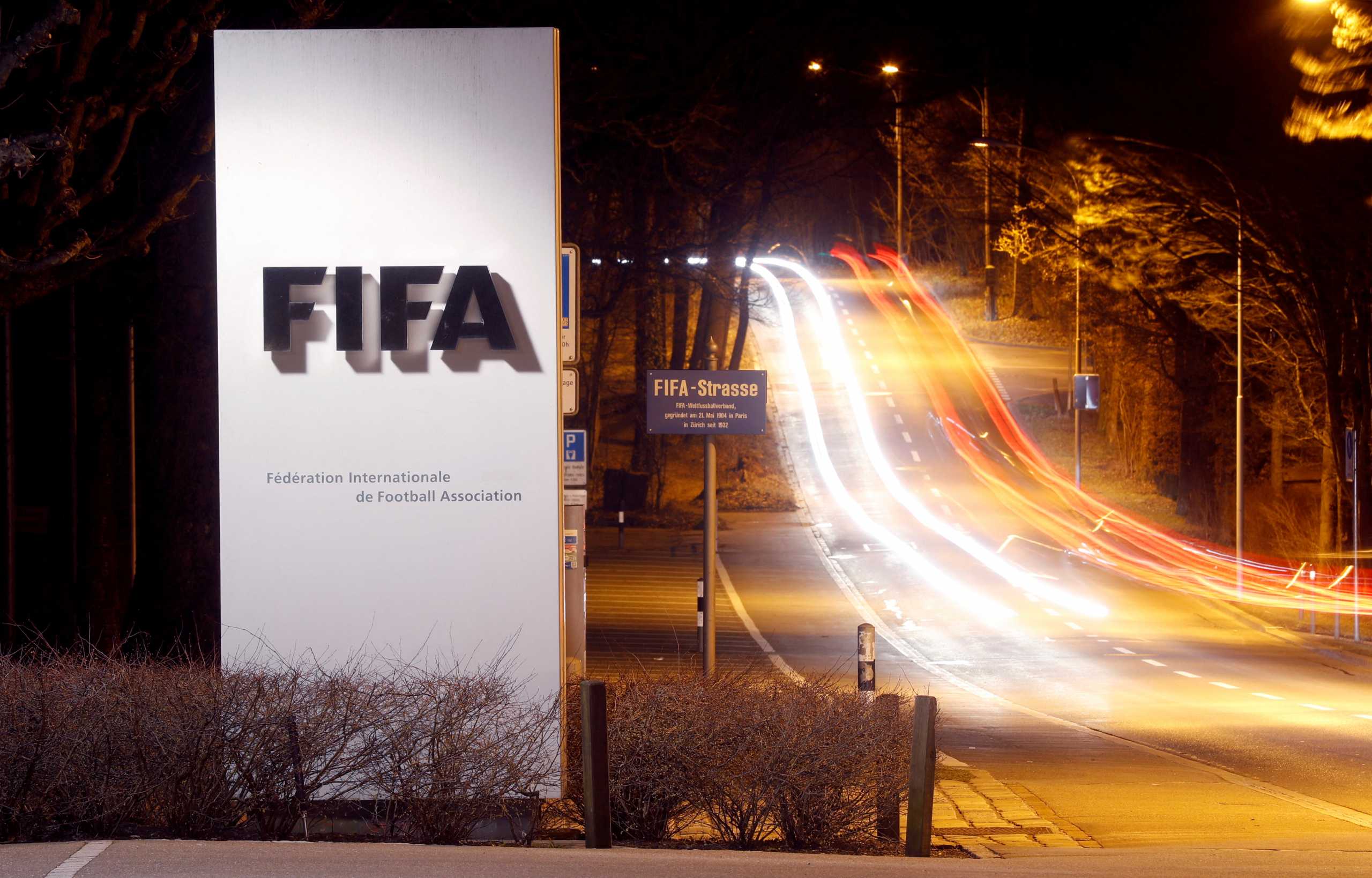 A long exposure shows FIFA's logo near its headquarters in Zurich, Switzerland February 27, 2022. REUTERS