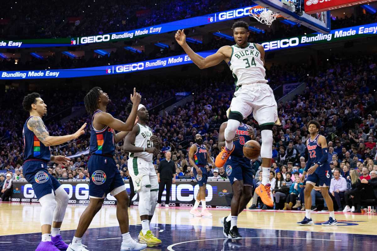 Mar 29, 2022; Philadelphia, Pennsylvania, USA; Milwaukee Bucks forward Giannis Antetokounmpo (34) dunks the ball against the Philadelphia 76ers during the third quarter at Wells Fargo Center. Mandatory Credit: Bill Streicher-USA TODAY Sports
