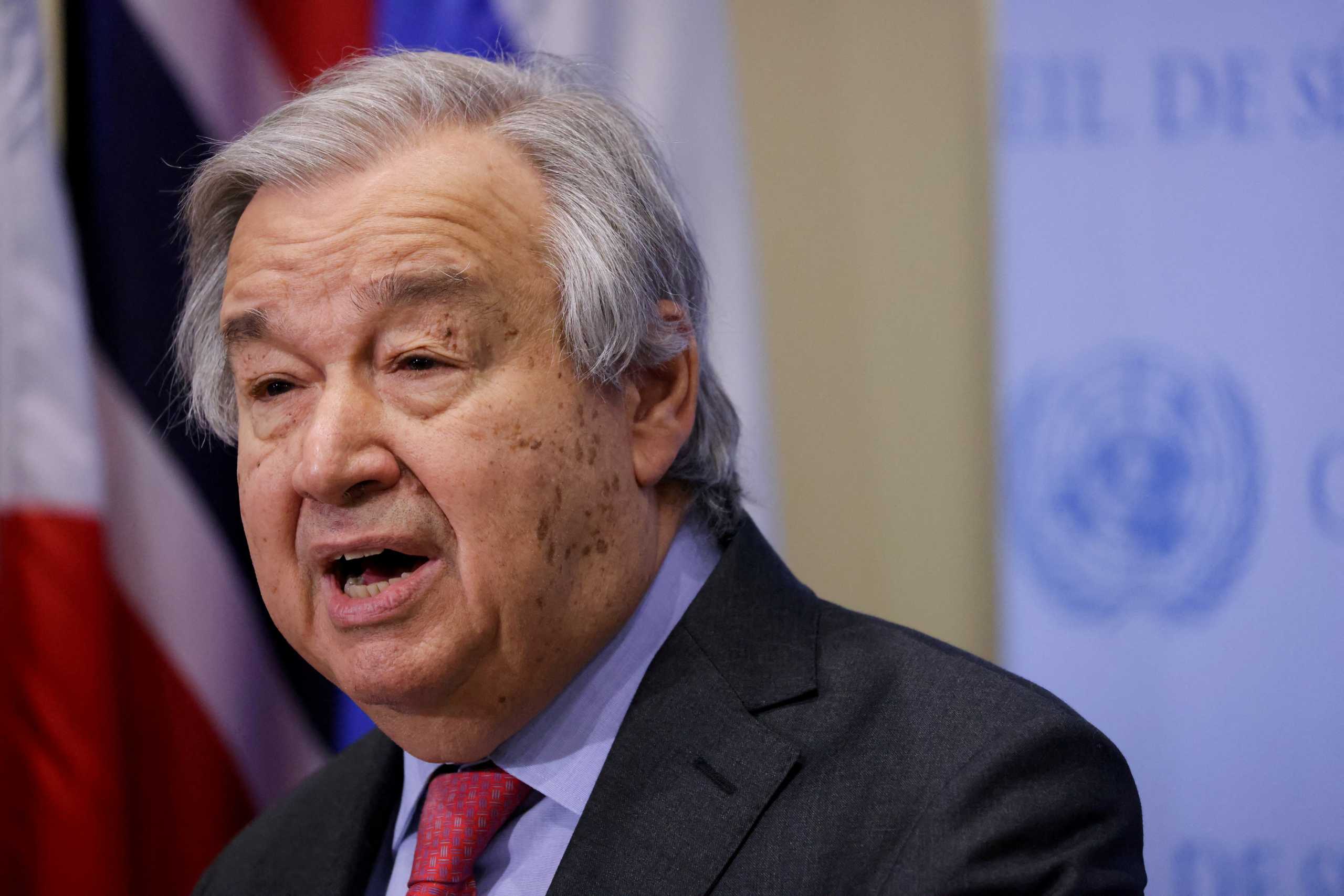 FILE PHOTO: United Nations Secretary-General Antonio Guterres speaks to the media regarding Russia's invasion of Ukraine, at the United Nations Headquarters in New York City, U.S., March 14, 2022. REUTERS