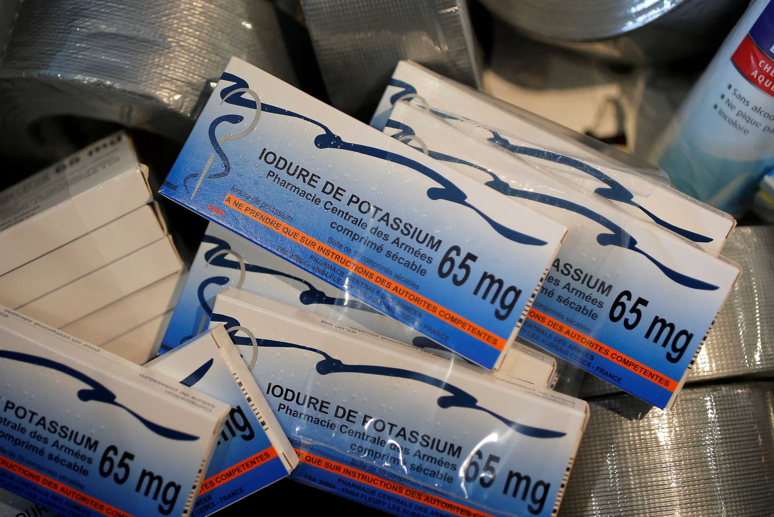 FILE PHOTO: Iodine pills are seen in a classroom in Fessenheim during a nuclear accident drill near France's oldest nuclear power station, June 12, 2018. REUTERS