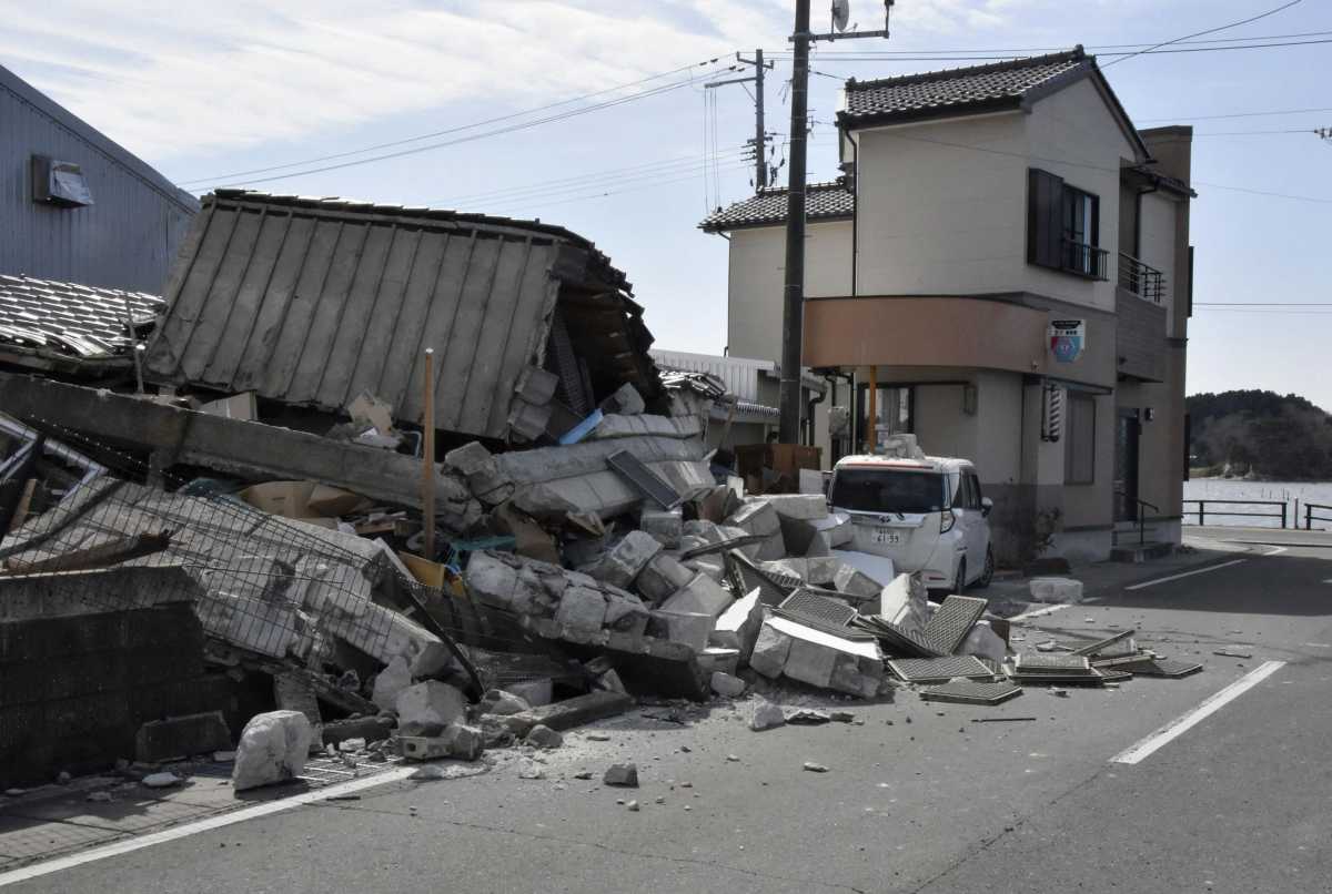 A damaged building following a strong earthquake is pictured in Soma, Fukushima prefecture, Japan in this photo taken by Kyodo on March 17, 2022. Mandatory credit Kyodo