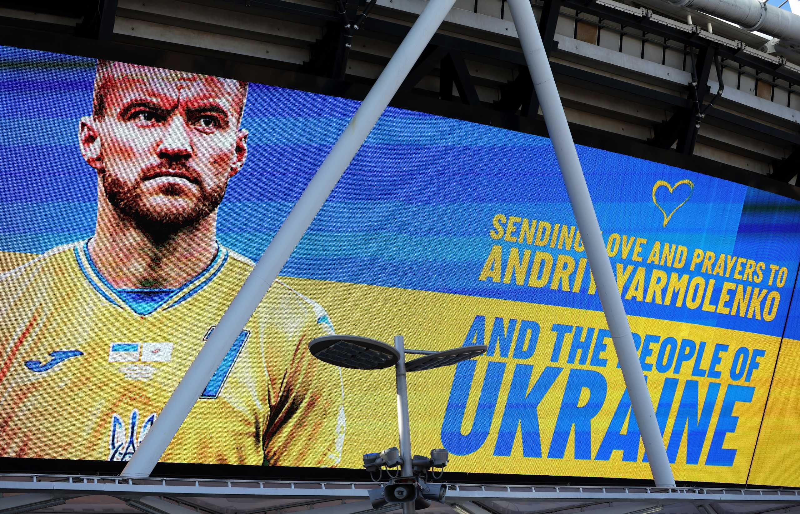 Soccer Football - Premier League - West Ham United v Wolverhampton Wanderers - London Stadium, London, Britain - February 27, 2022  General view as West Ham United's Andriy Yarmolenko is seen on the screen with a message in support of Ukraine before the match Action Images via Reuters