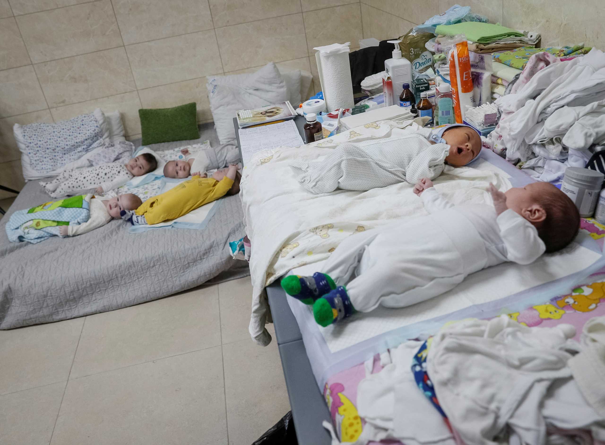 Surrogate-born babies are seen inside a special shelter owned by BioTexCom clinic in a residential basement, as Russia's invasion continues, on the outskirts of Kyiv, Ukraine March 15, 2022. Picture taken March 15, 2022. REUTERS