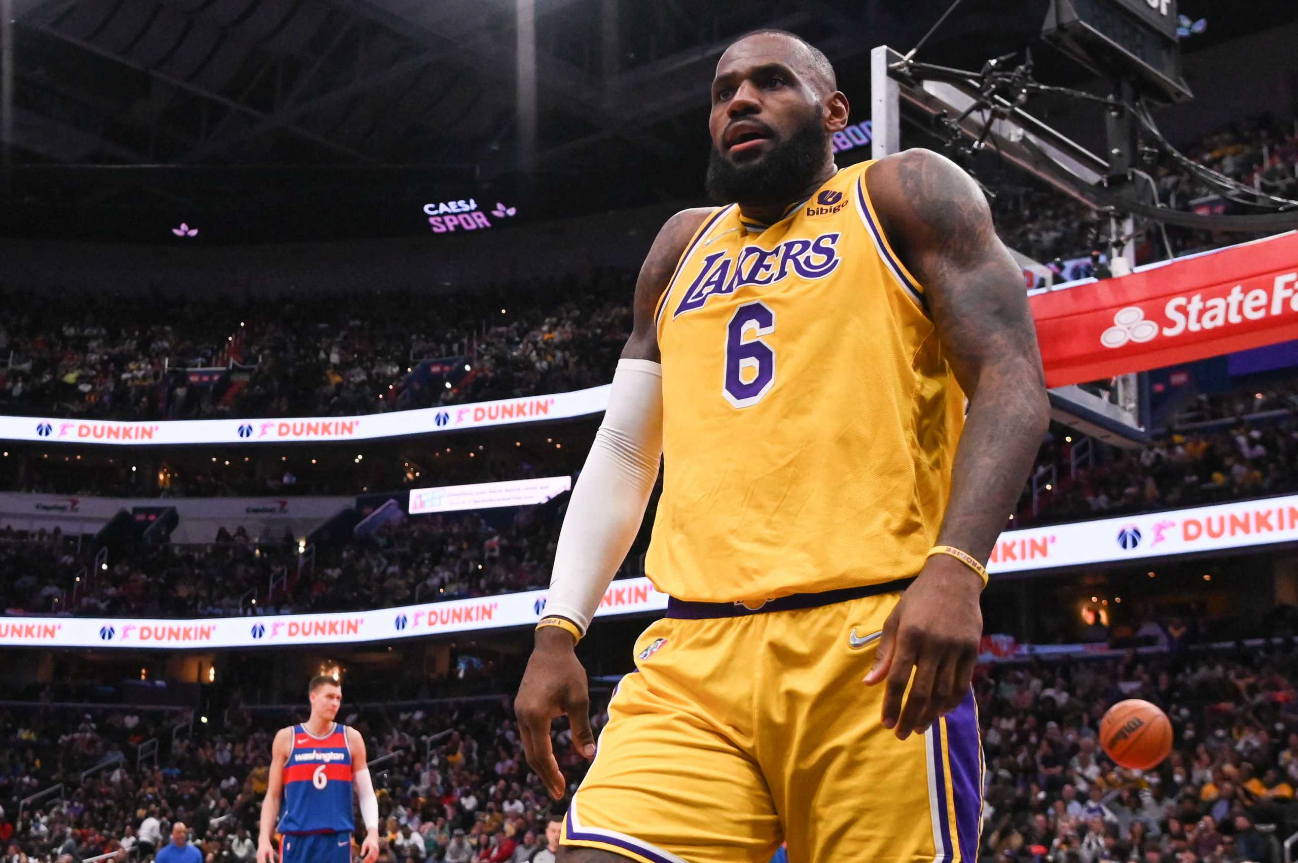 Mar 19, 2022; Washington, District of Columbia, USA;  Los Angeles Lakers forward LeBron James (6) reacts after basket during the first half against the Washington Wizards at Capital One Arena. Mandatory Credit: Tommy Gilligan-USA TODAY Sports