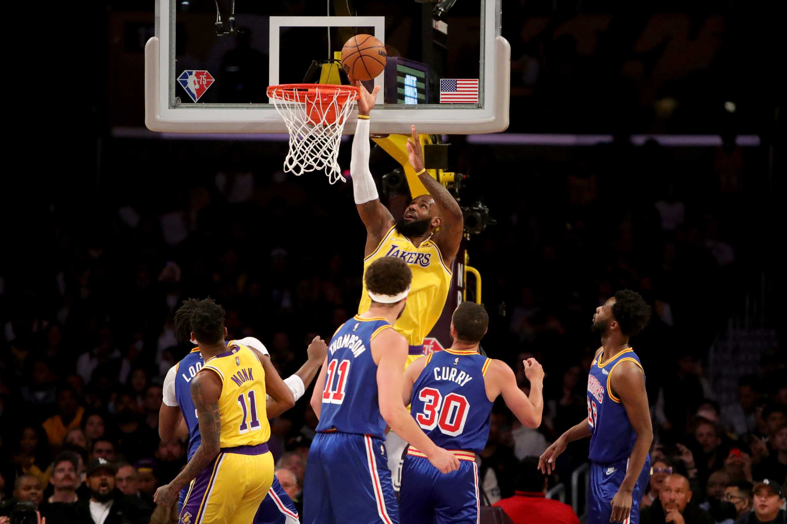 Mar 5, 2022; Los Angeles, California, USA; Los Angeles Lakers forward LeBron James (6) goes to the basket against Golden State Warriors during the first quarter at Crypto.com Arena. Mandatory Credit: Kiyoshi Mio-USA TODAY Sports