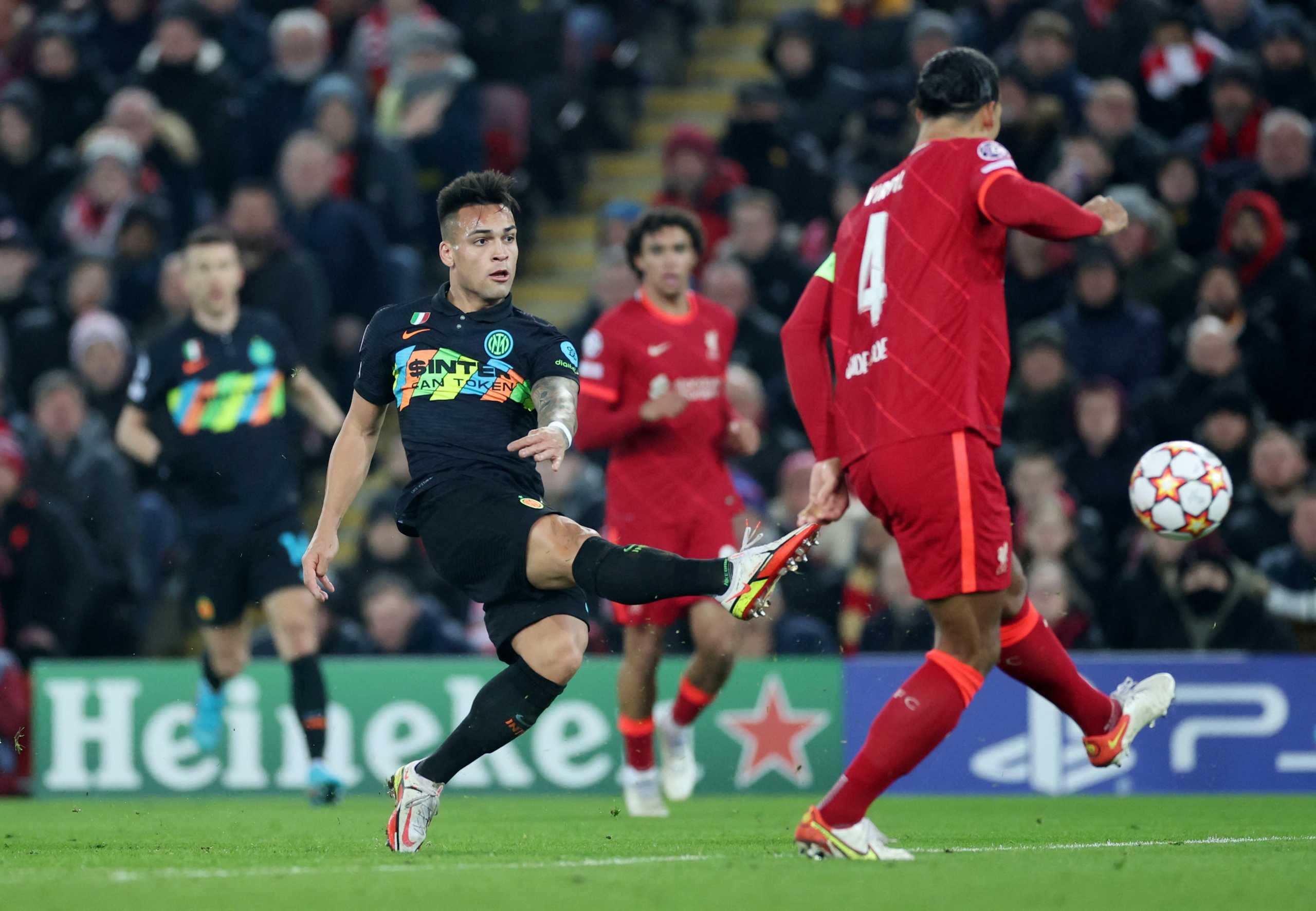 Soccer Football - Champions League - Round of 16 Second Leg - Liverpool v Inter Milan - Anfield, Liverpool, Britain - March 8, 2022 Inter Milan's Lautaro Martinez scores their first goal Action Images via Reuters
