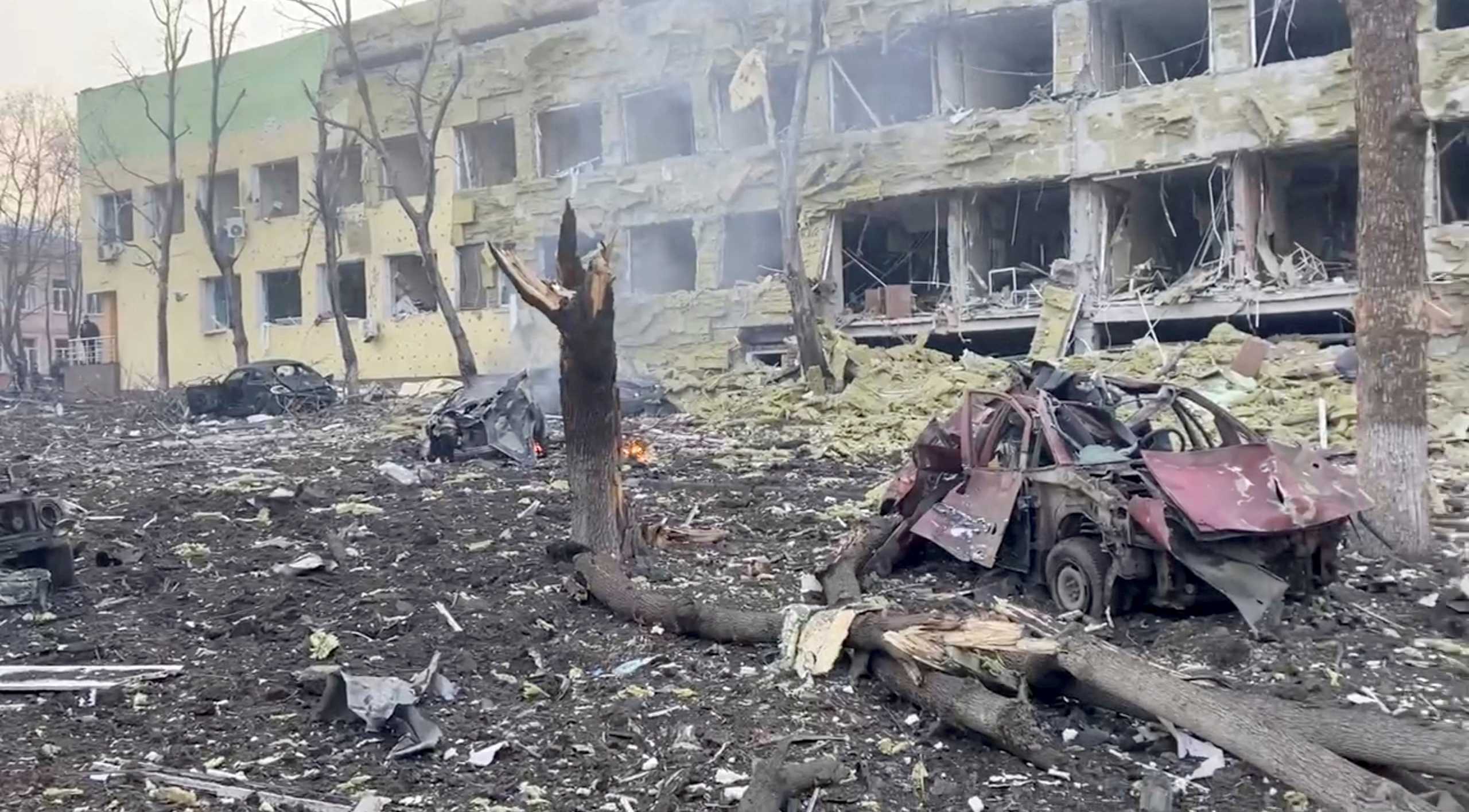 FILE PHOTO: Debris is seen on site of the destroyed Mariupol children's hospital as Russia's invasion of Ukraine continues, in Mariupol, Ukraine, March 9, 2022 in this still image from a handout video obtained by Reuters. Ukraine Military