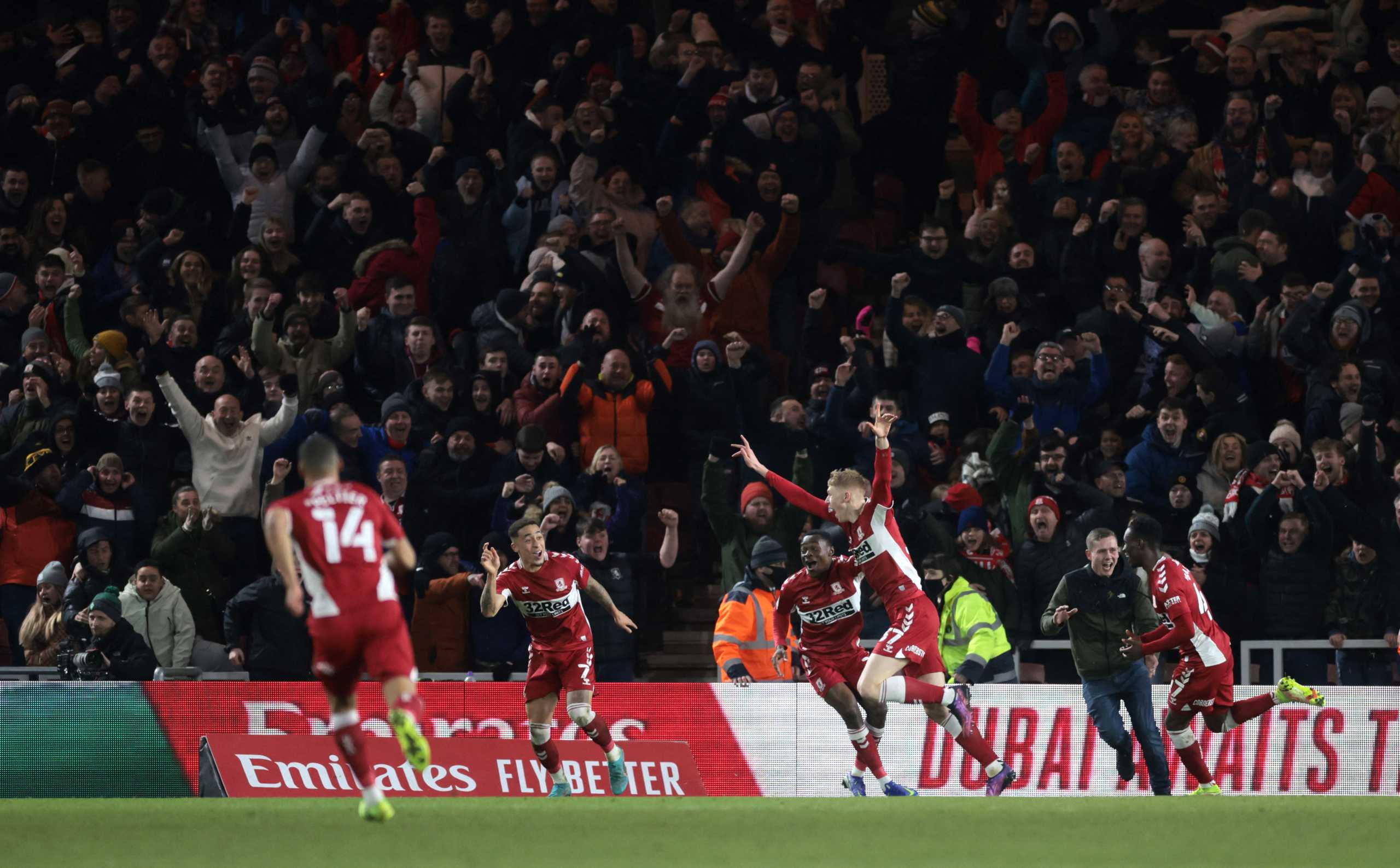 Soccer Football - FA Cup Fifth Round - Middlesbrough v Tottenham Hotspur - Riverside Stadium, Middlesbrough, Britain - March 1, 2022 Middlesbrough's Josh Coburn celebrates scoring their first goal with teammates Action Images via Reuters