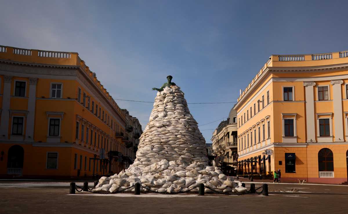 A monument of the city founder Duke de Richelieu is seen covered with sand bags for protection, as Russia's invasion of Ukraine continues, in downtown Odessa, Ukraine, March 12, 2022. REUTERS
