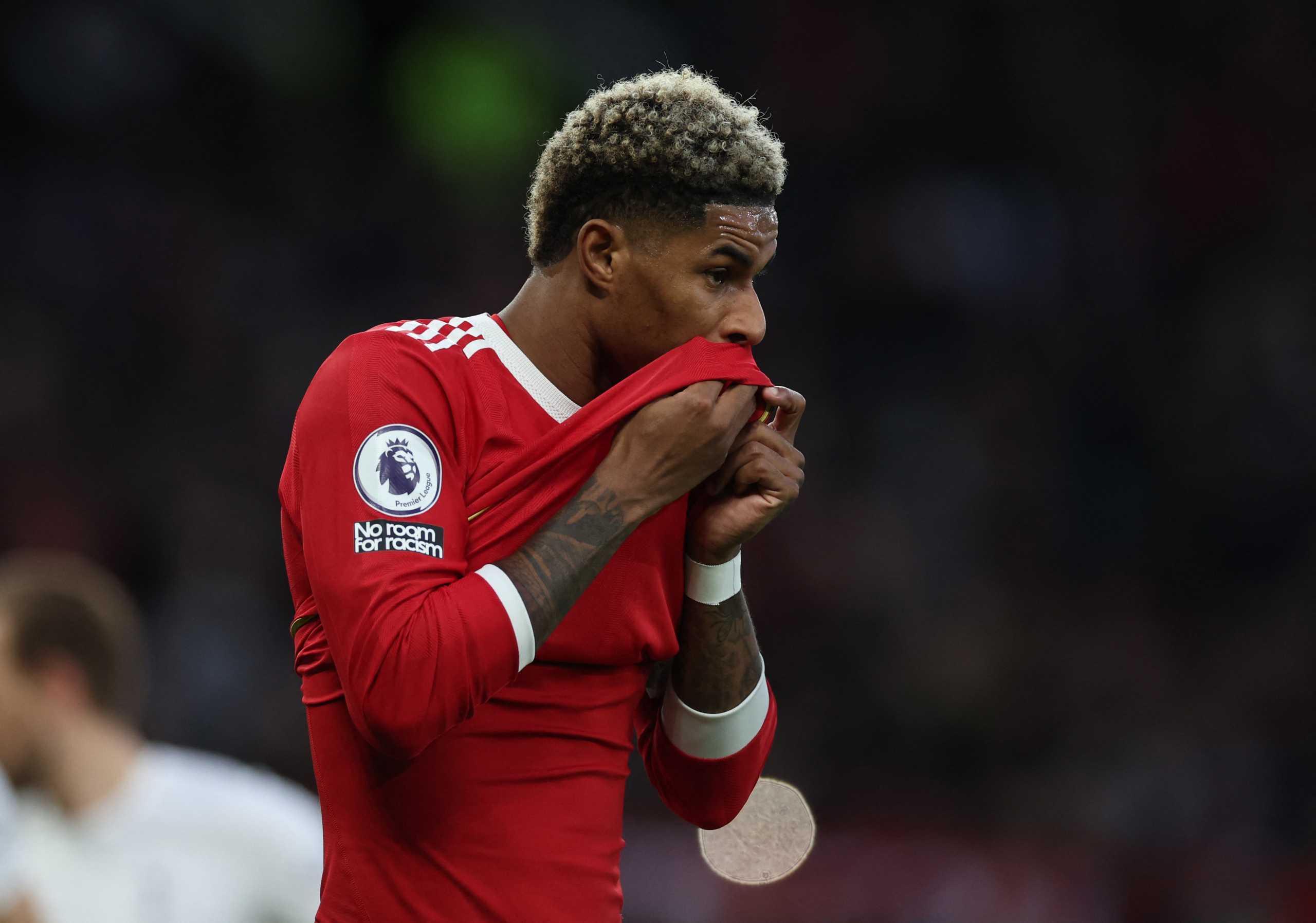 Soccer Football - Premier League - Manchester United v Tottenham Hotspur - Old Trafford, Manchester, Britain - March 12, 2022 Manchester United's Marcus Rashford reacts REUTERS
